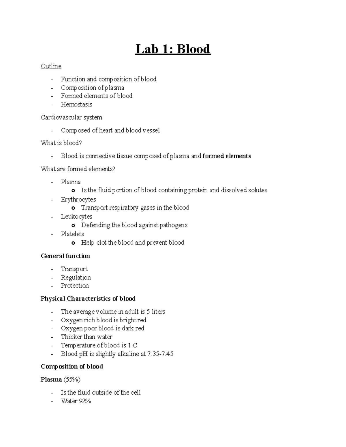Lab 1 lab 1 Lab 1 Blood Outline Function and composition of