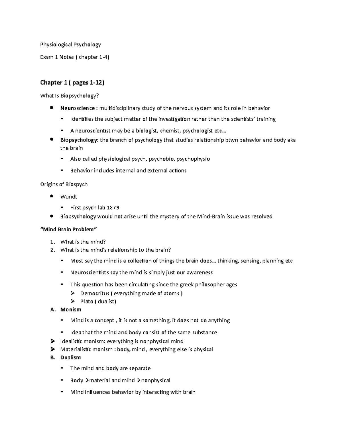 Exam 1 - Lecture notes 1-5 - Physiological Psychology Exam 1 Notes ...