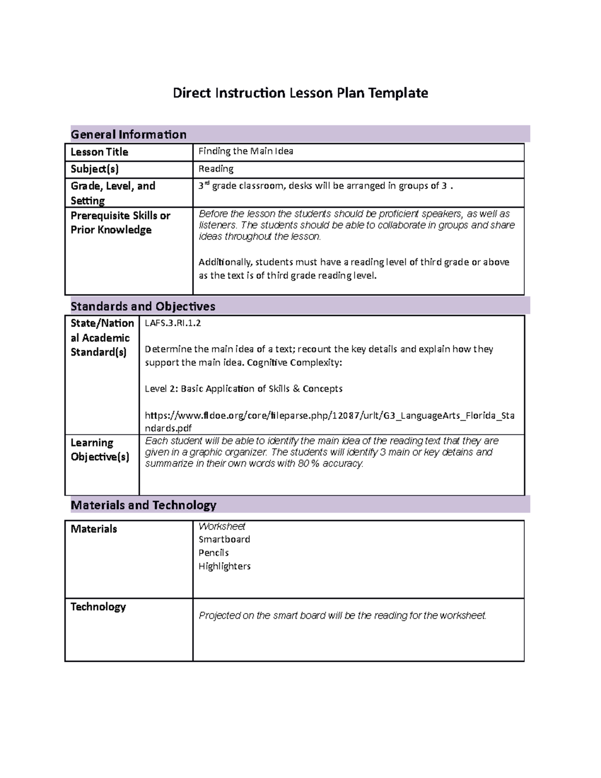 Direct Instruction Lesson Plan Template - Finding the Main Idea - Studocu