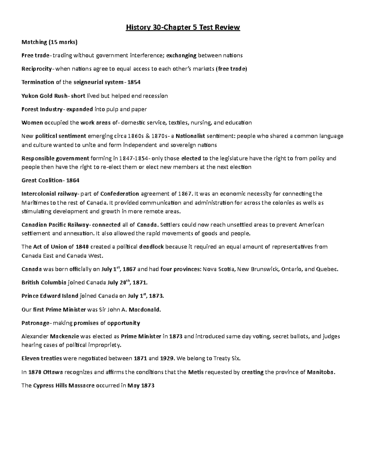 Chapter 5 Review - Mr. Slugoski History 30 - History 30-Chapter 5 Test ...