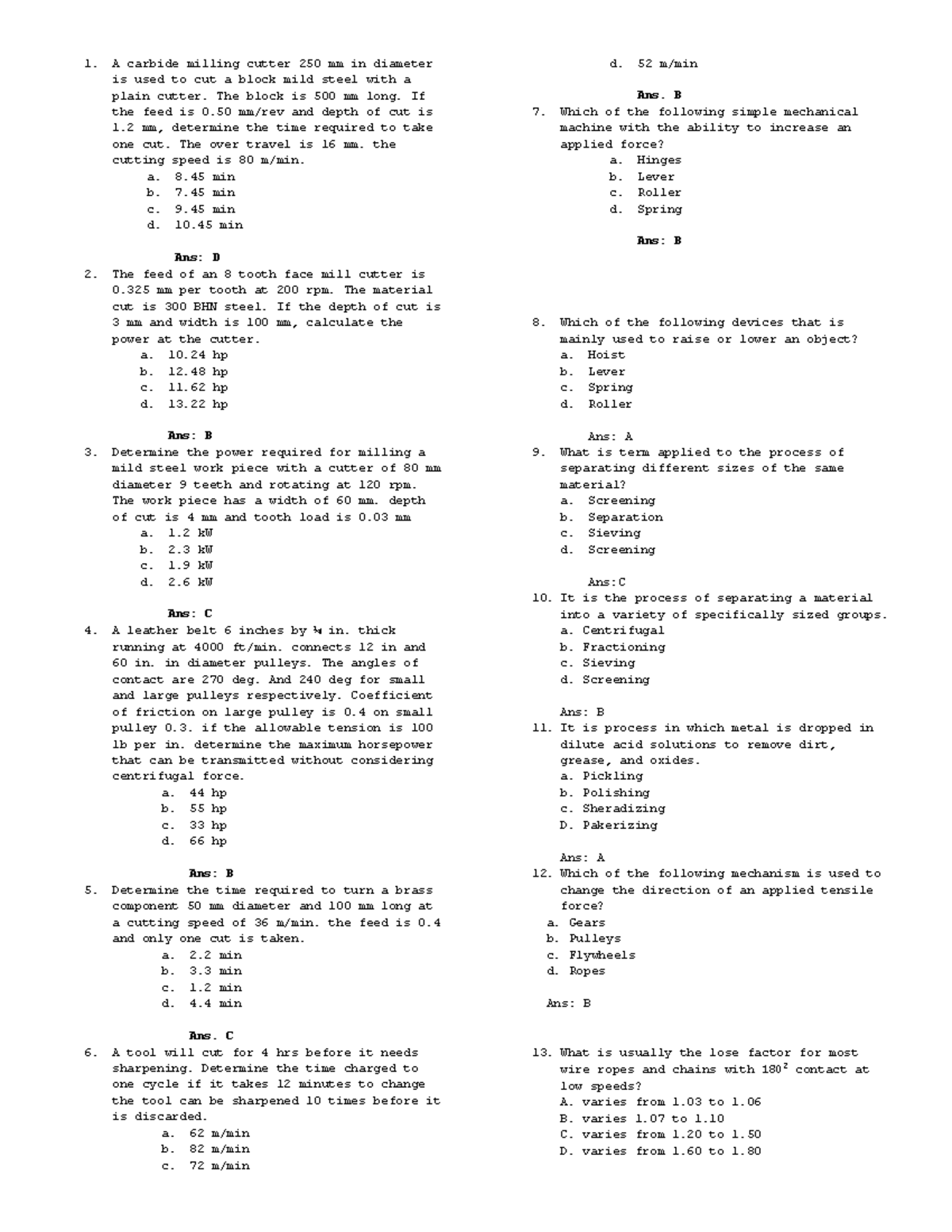 Machine Design Reviewer - A carbide milling cutter 250 mm in diameter ...