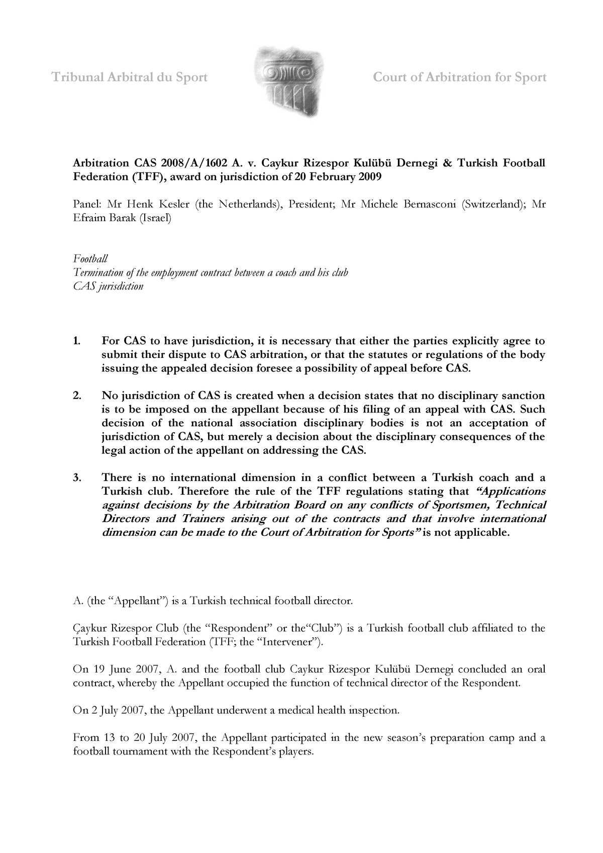 No Jurisdiction Tribunal Arbitral Du Sport Court Of Arbitration For Sport Arbitration Cas