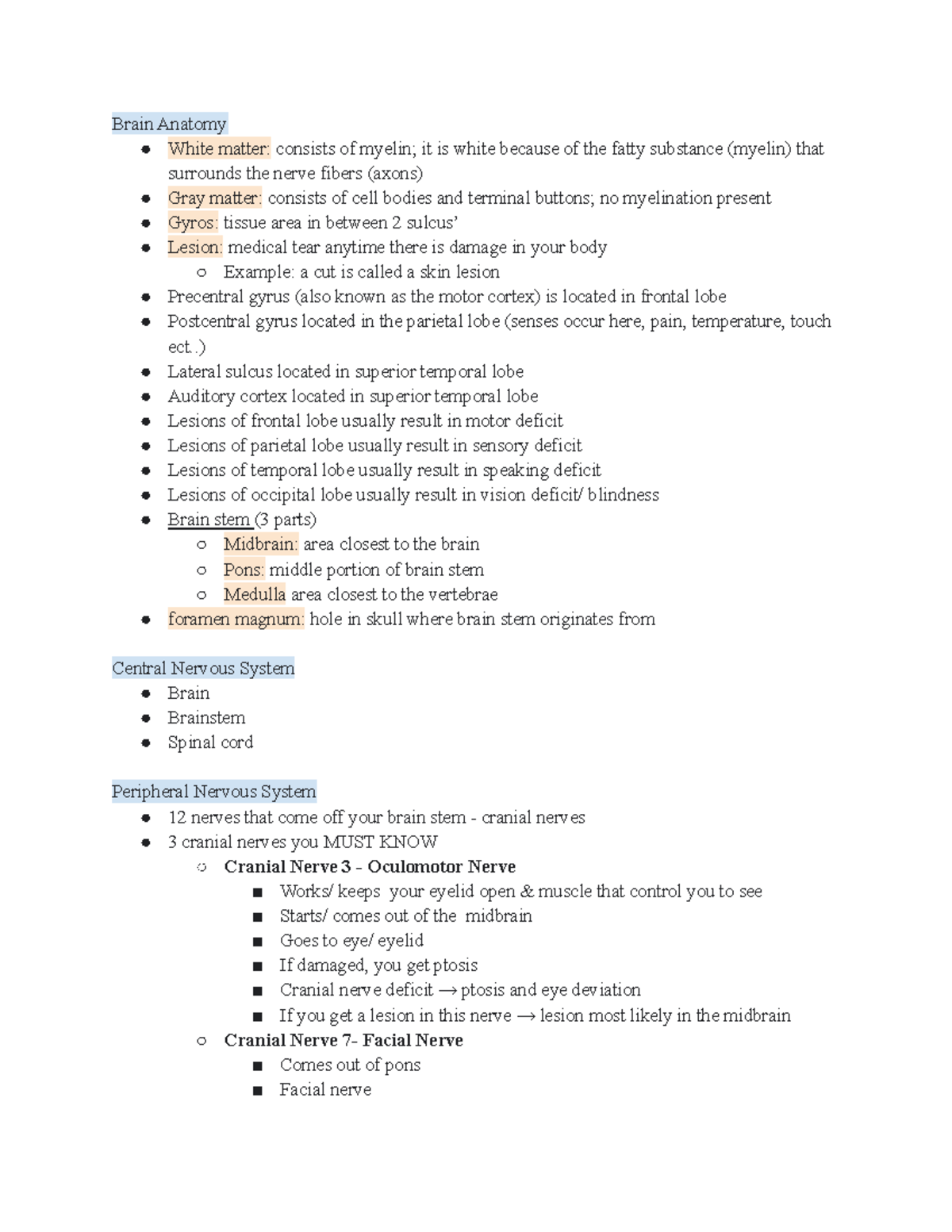 Physiology Unit 1 Lecture Notes Brain Anatomy - Brain Anatomy White ...