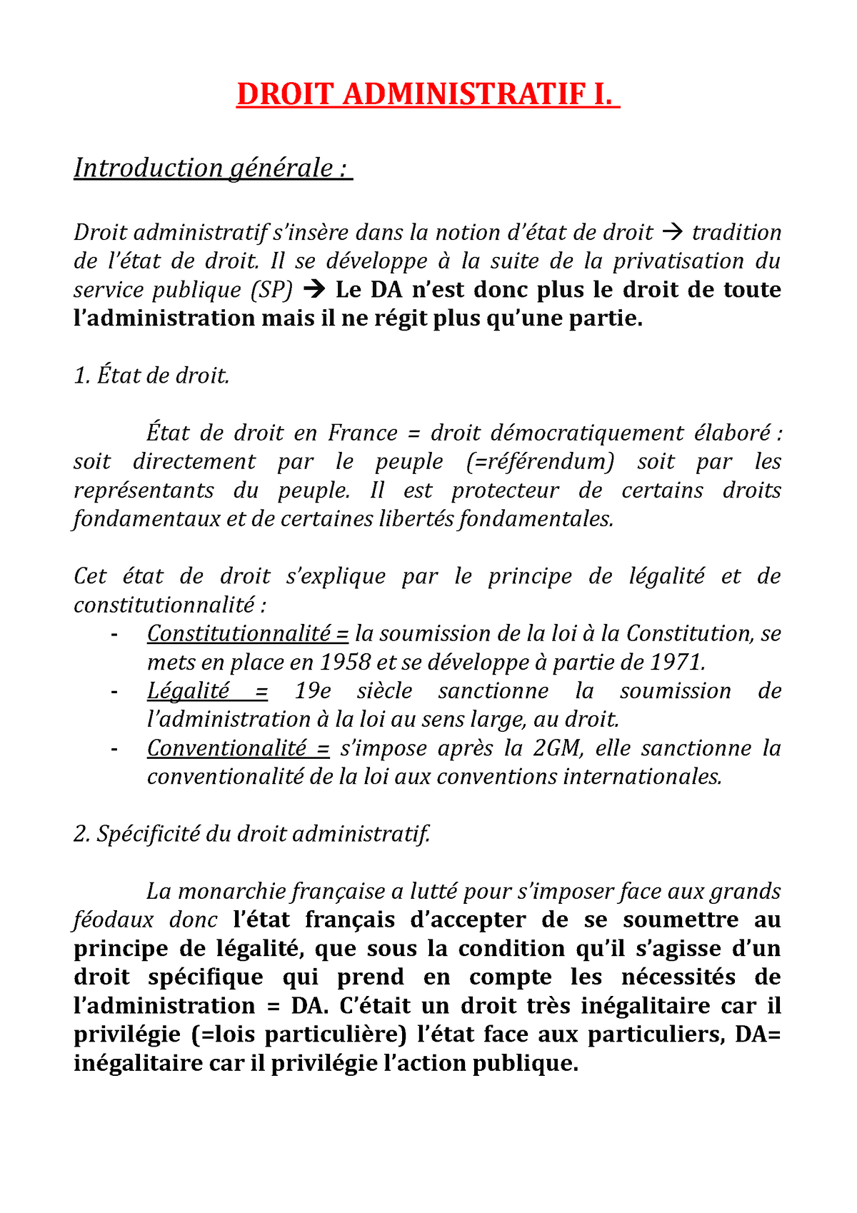 Fiche DA 1 - Droit Adm - DROIT ADMINISTRATIF I. Introduction Générale ...