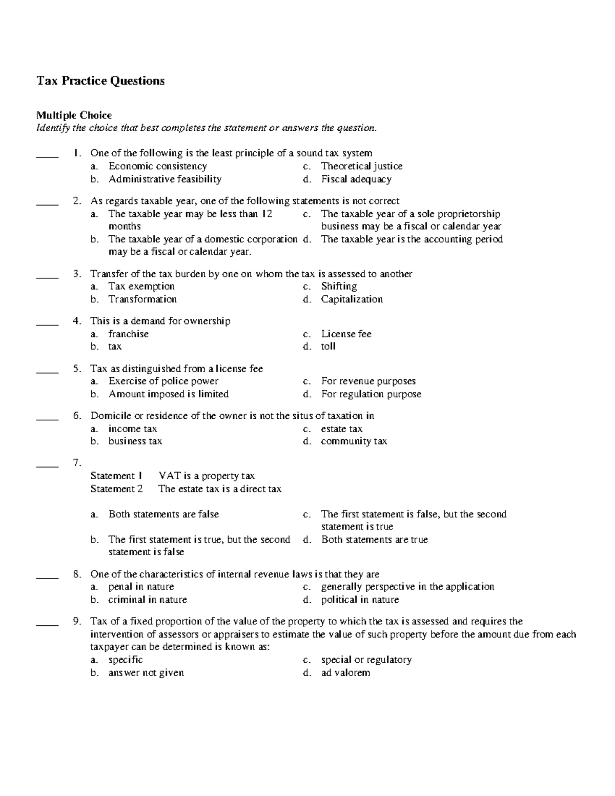 Tax Practice MCQ - Tax MCQs - Tax Practice Questions Multiple Choice ...