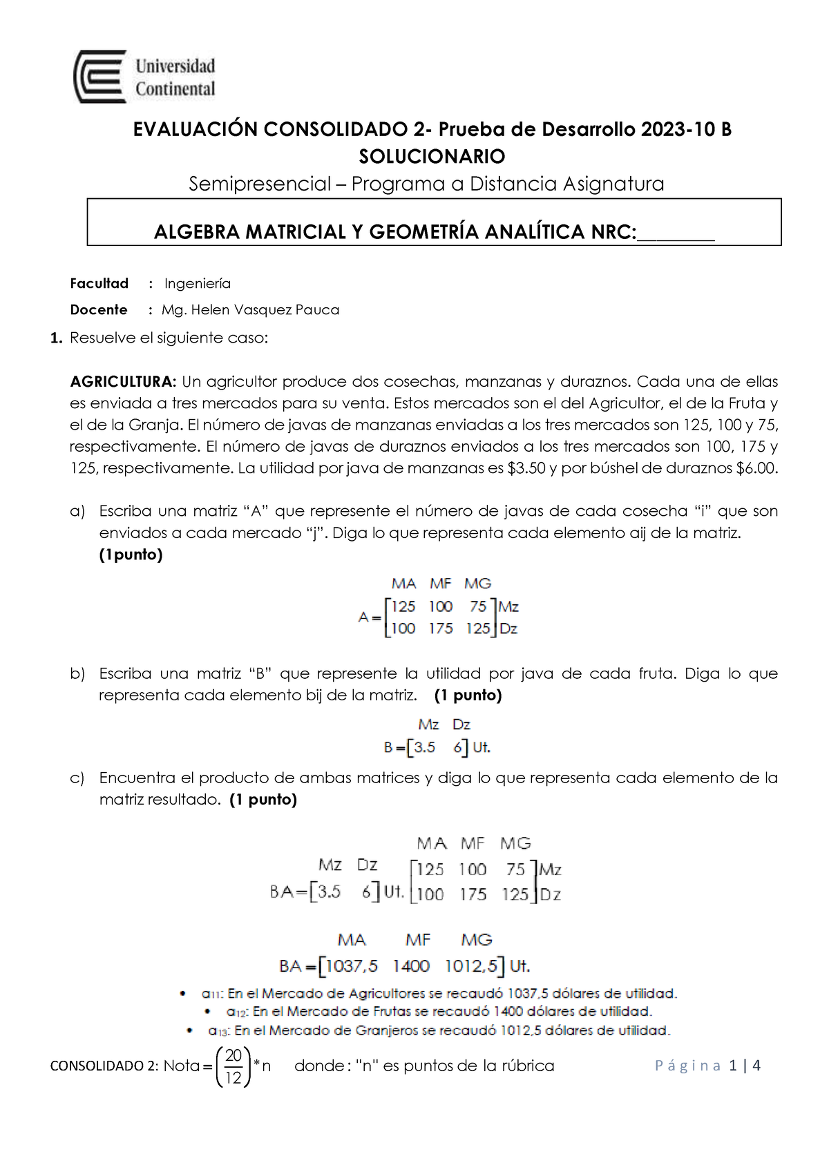 Solucionario Evaluación Consolidado 2 AMGA - CONSOLIDADO 2: Nota 20 * N ...