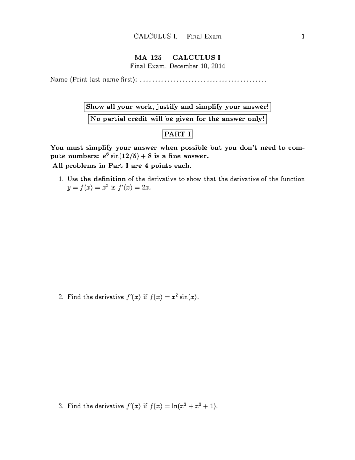 14 Fall Final Exam - Test on cal - MA 125 CALCULUS I Final Exam ...
