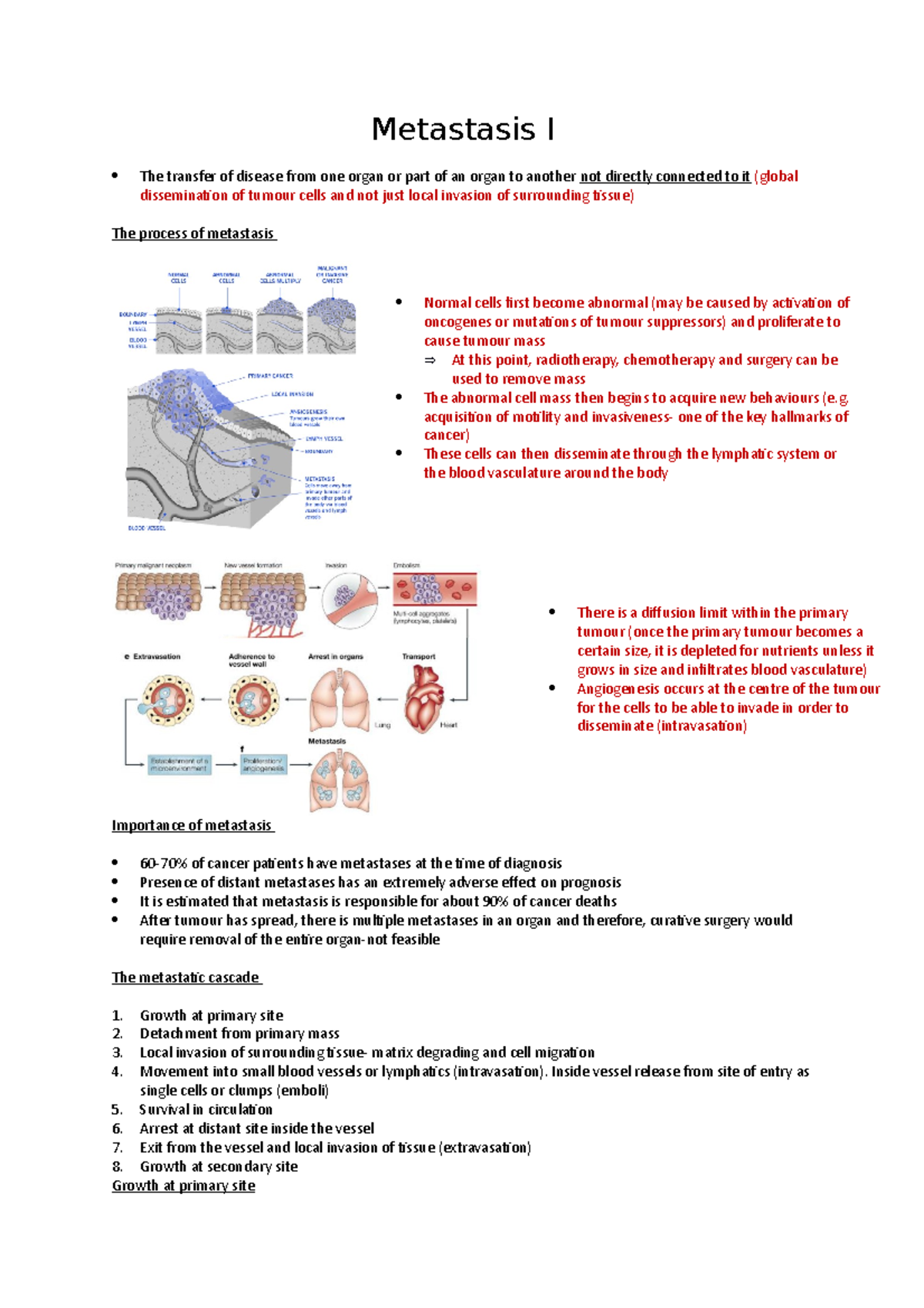 Metastasis I - Summary of lectures. Red text is anything the lecturer ...