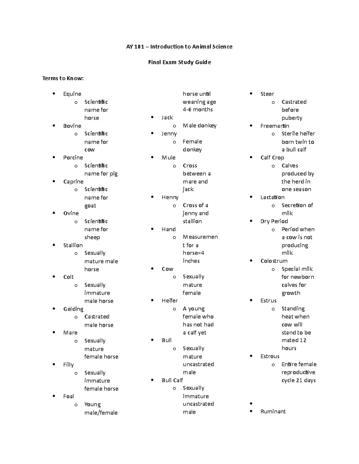 AY 101 Final Study Guide - AY 101 – Introduction to Animal Science ...