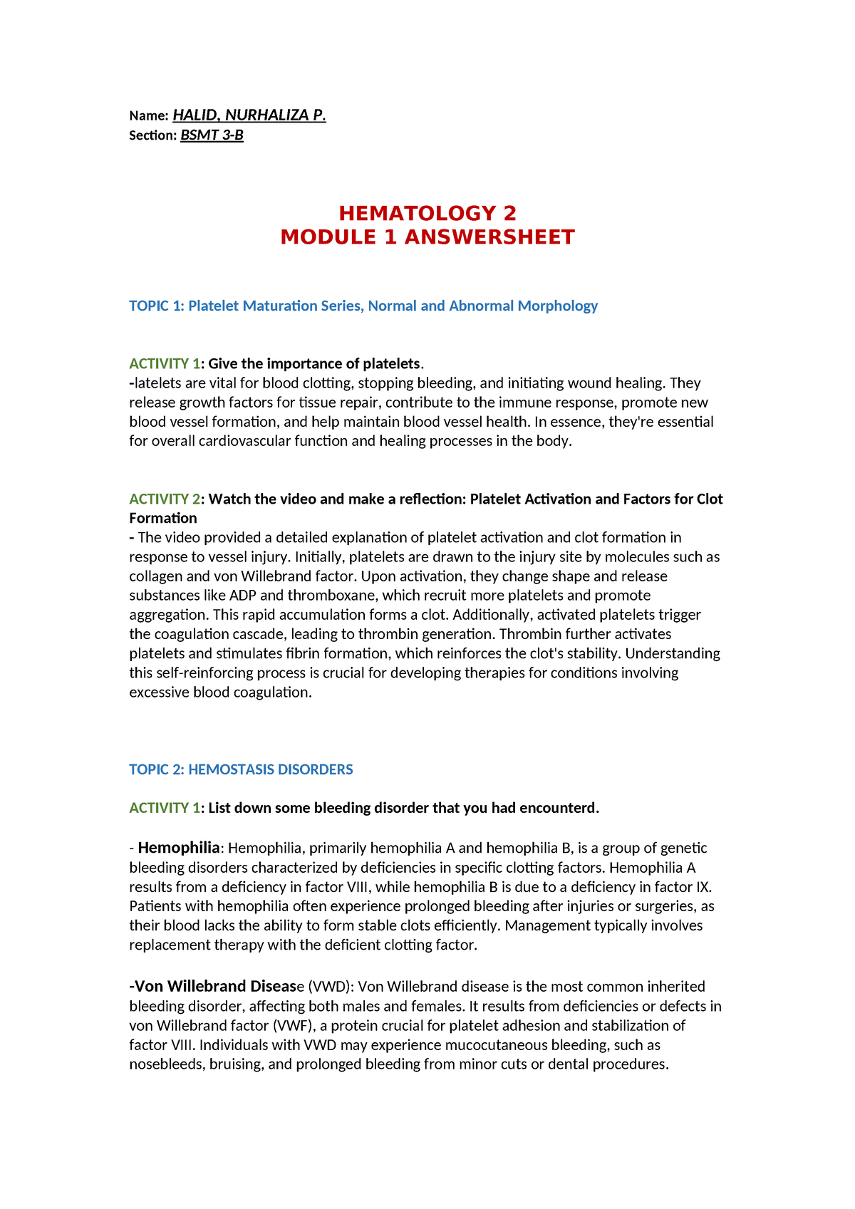 Halid Hematology 2 Module 1 Answersheet - Name: HALID, NURHALIZA P ...