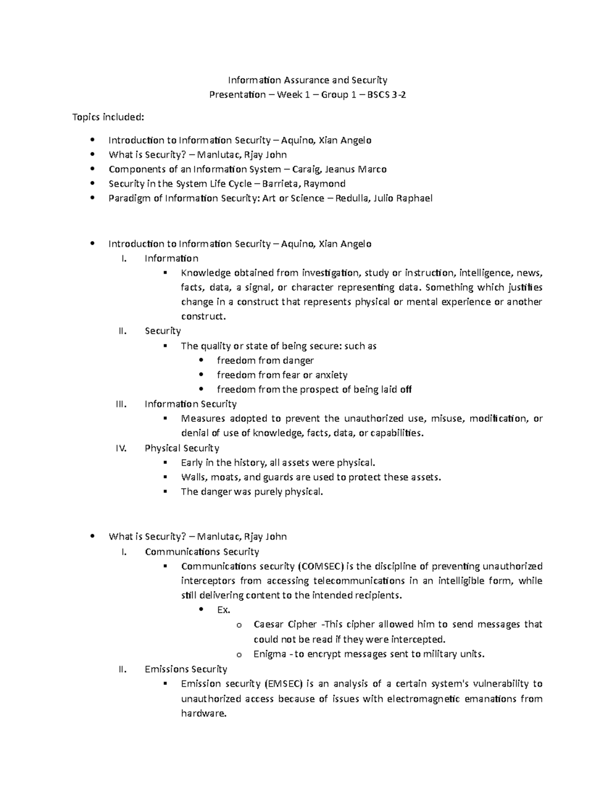 IAS Presentation Week 1 Group 1 BSCS 3 2 - Information Assurance and ...