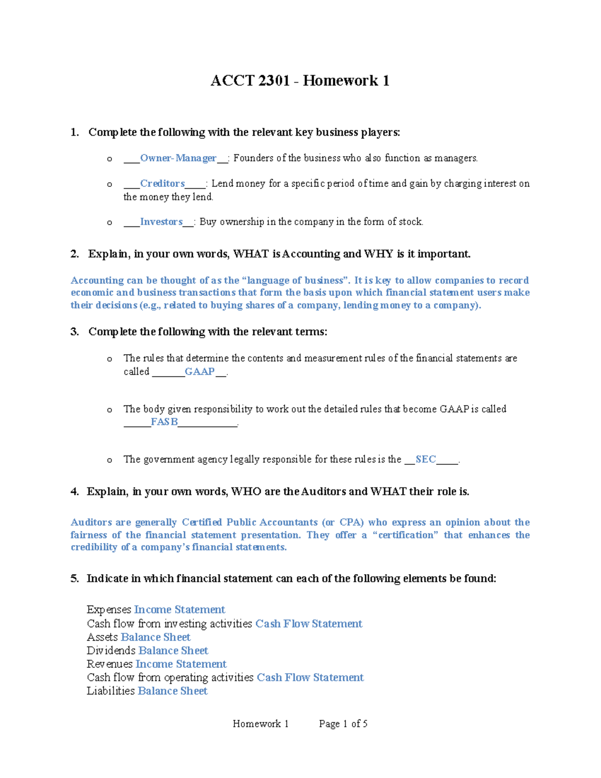 ACCT 2301 Homework #1 Solutions - ACCT 2301 - Homework 1 1. Complete ...