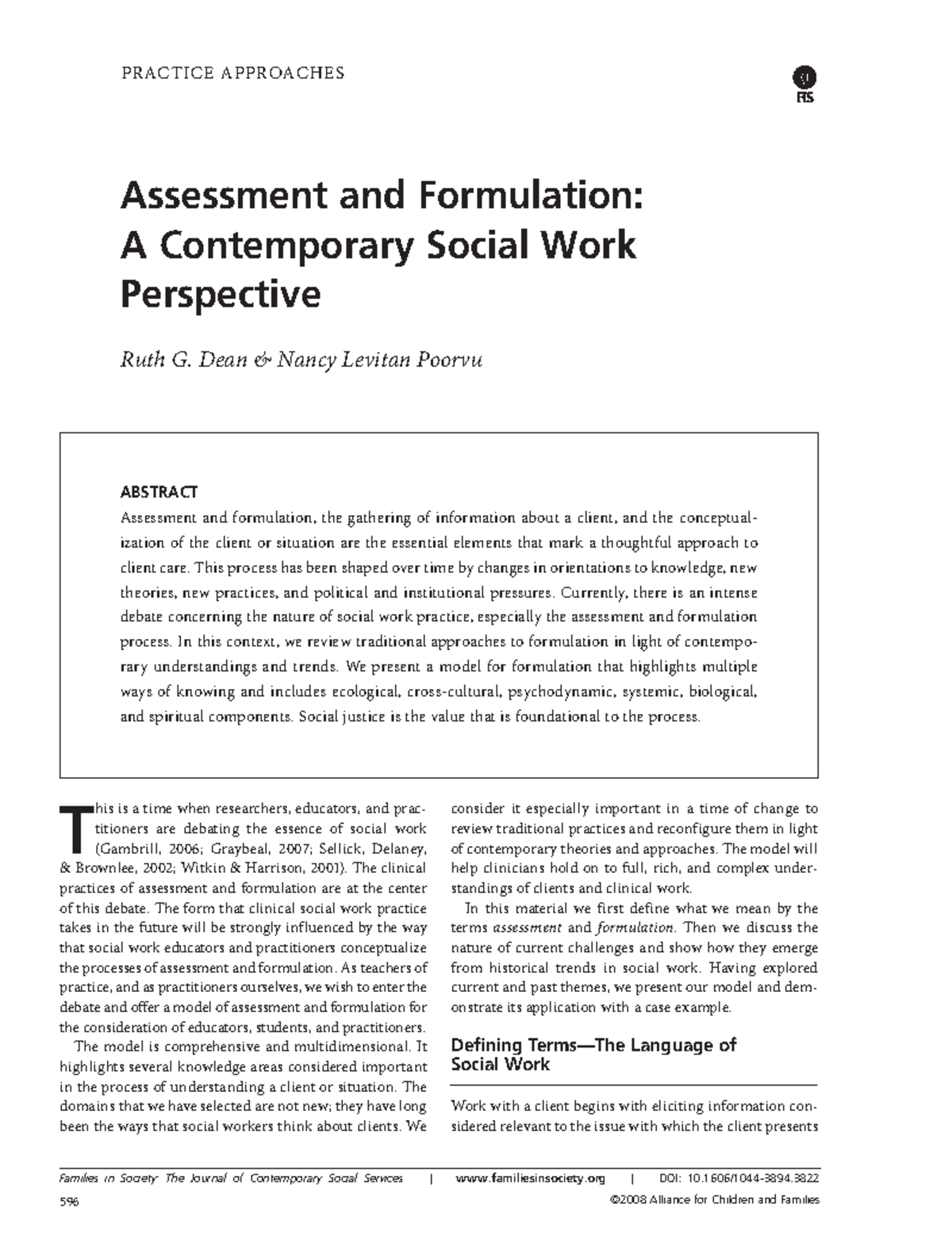 Assessment and Formulation A SW Perspective - Families in Society: The ...