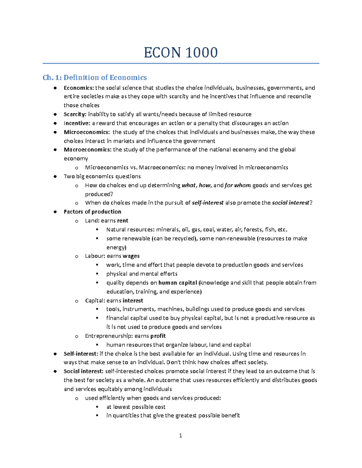 ECON 1000 exam notes - ECON 1000 Ch. 1: Definition of Economics ...