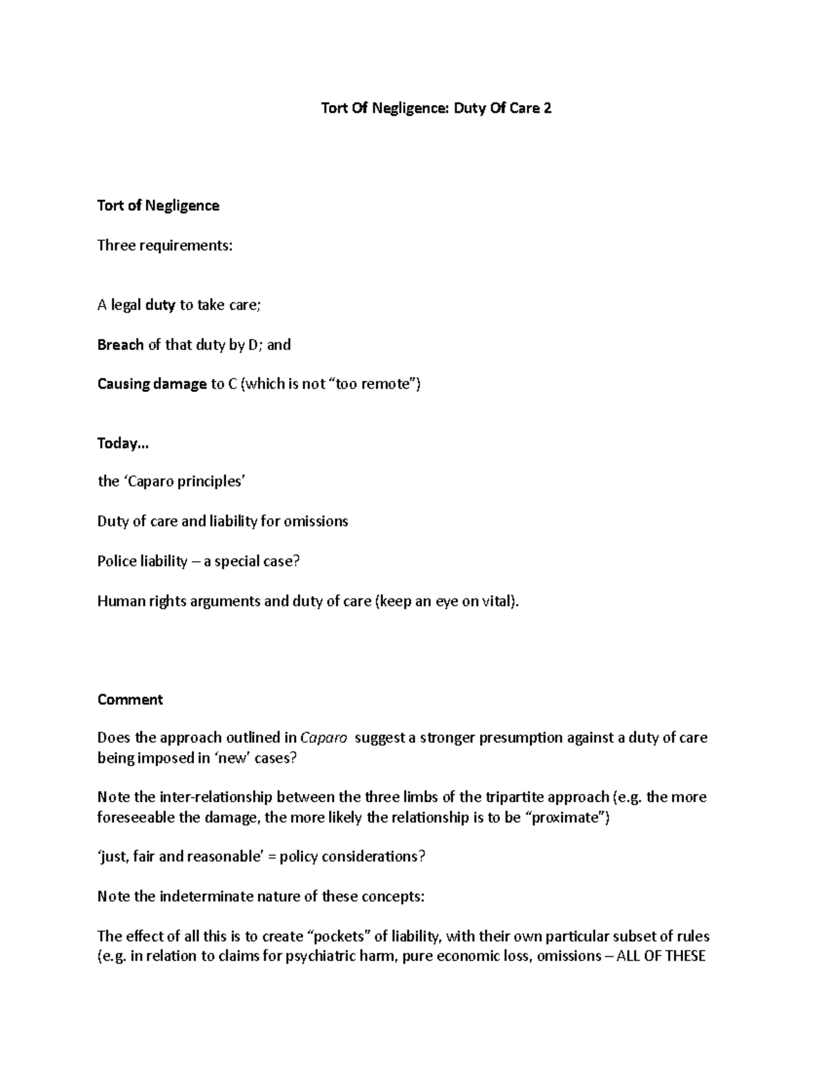 General Duties Lecture Notes - Tort Of Negligence: Duty Of Care 2 Tort ...
