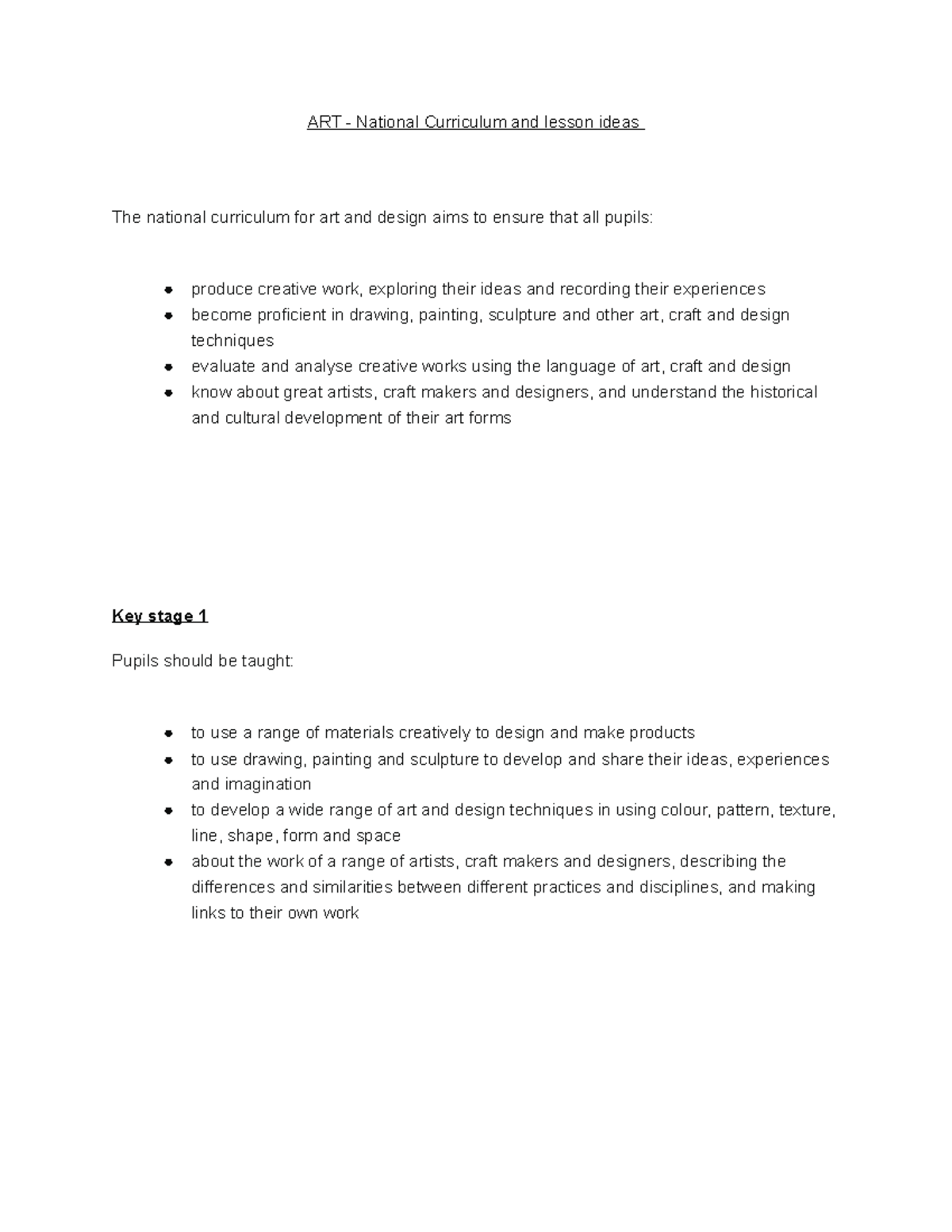 ART national curriculum and lesson ideas ART National Curriculum