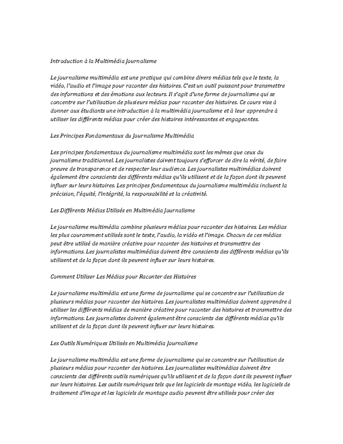 Multimedia Journalism Notes de cours Introduction à la Multimédia