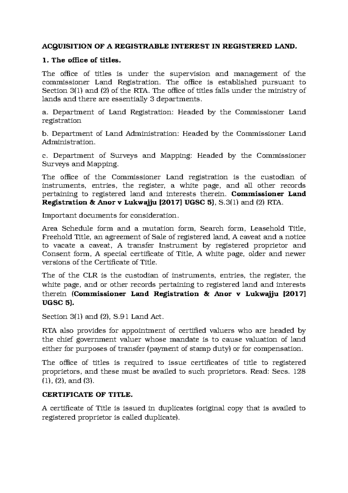 Dealings IN Registered LAND - Torrens Registration System - MUK - Studocu