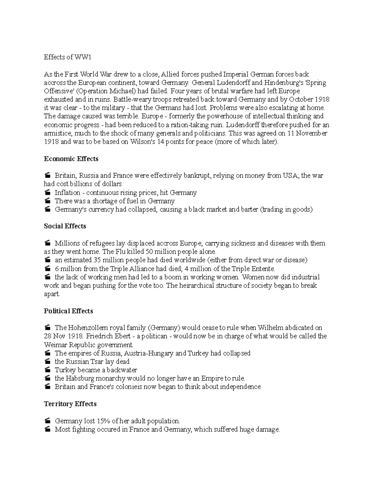 Effects of WW1 - Additional info - Effects of WW As the First World War ...