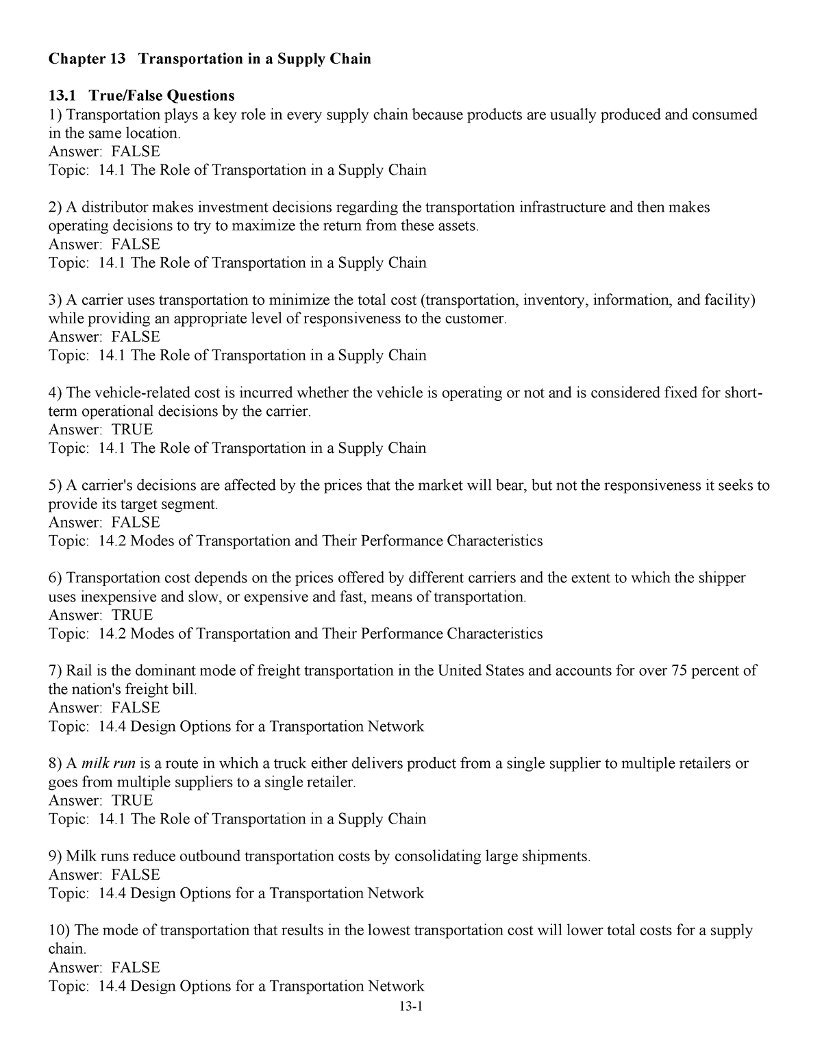Chapter 13 Transportation In A Supply Chain Answer FALSE Topic 14 The Role Of Transportation 