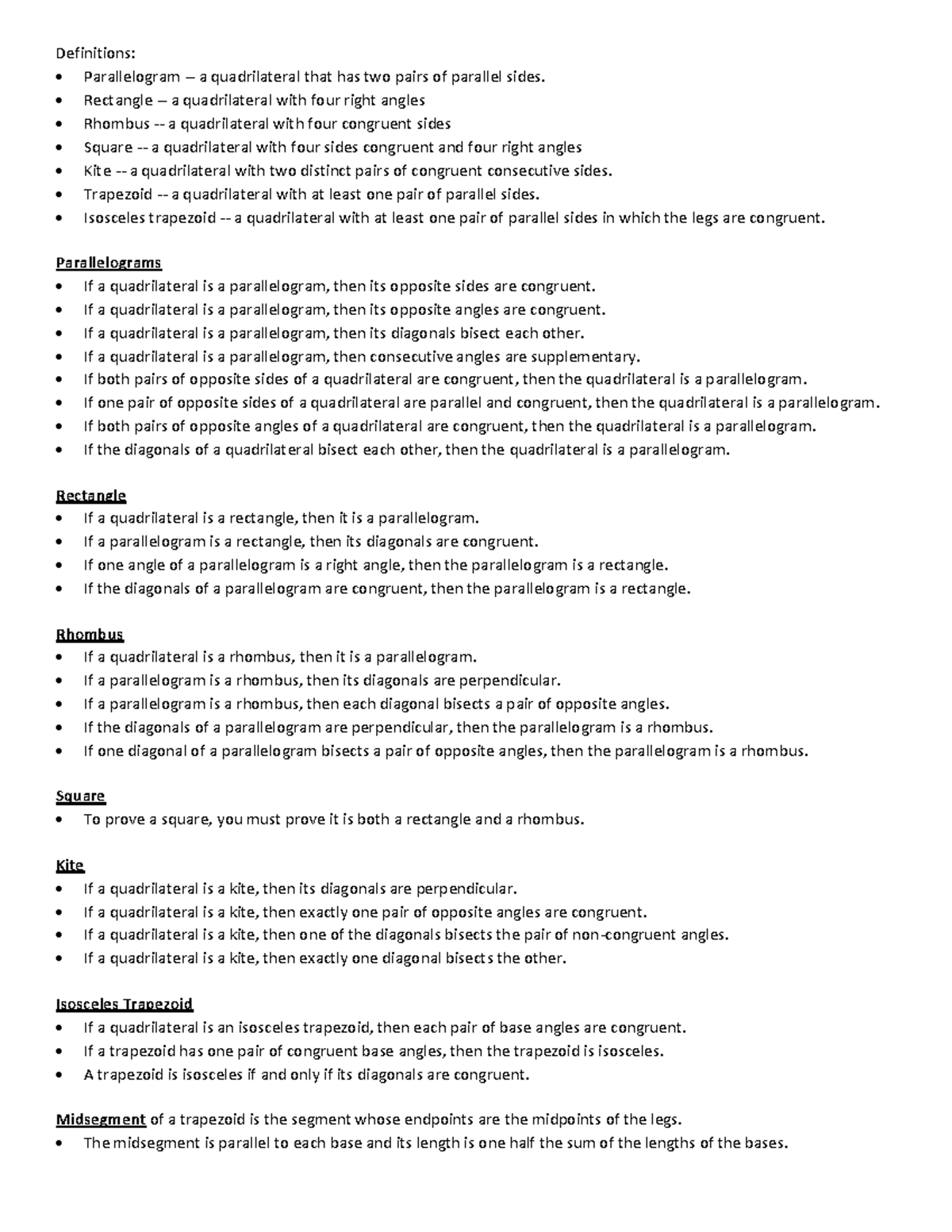 Quadrilateral Theorems and Definitions - Definitions: Parallelogram - a ...