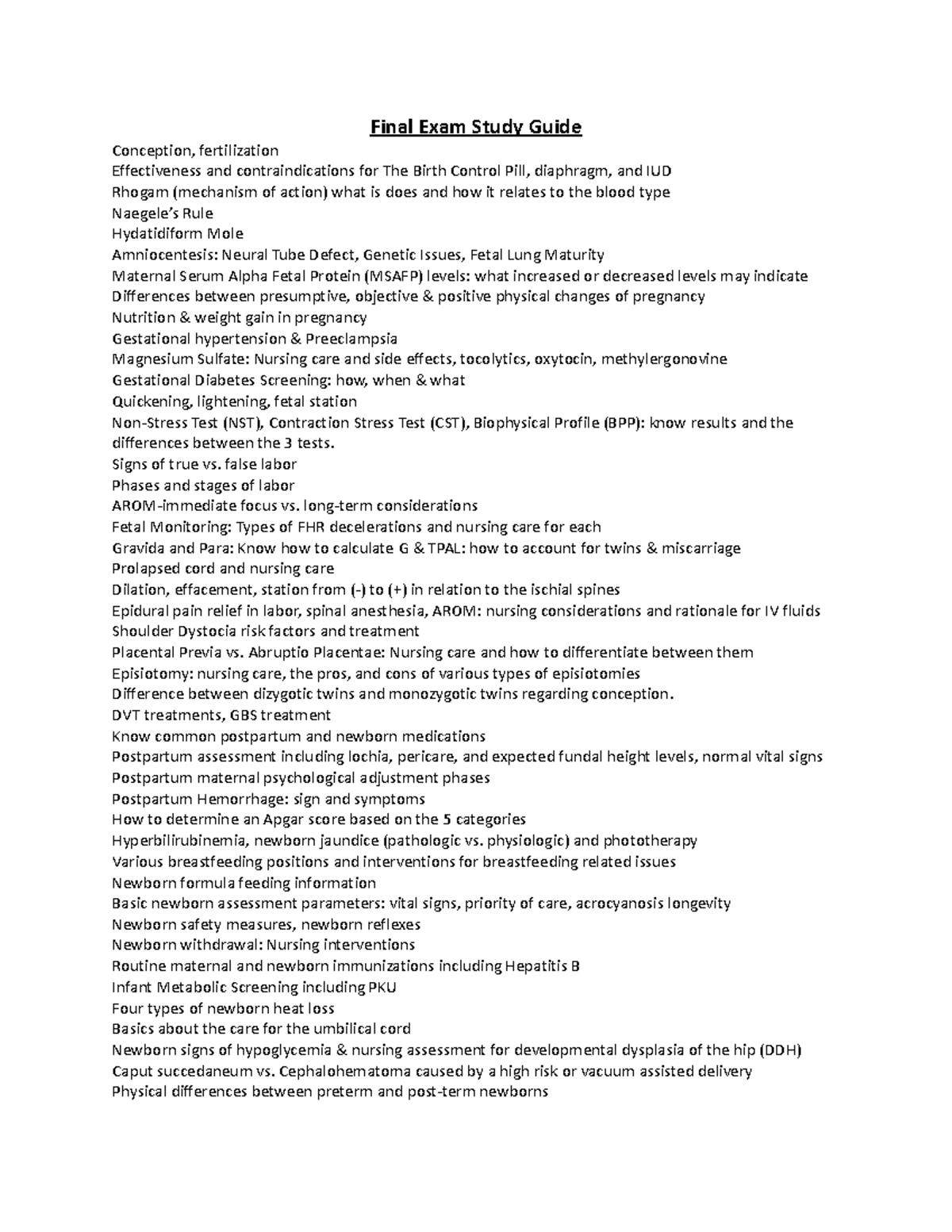 M Final Exam Study Guide Final Exam Study Guide Conception