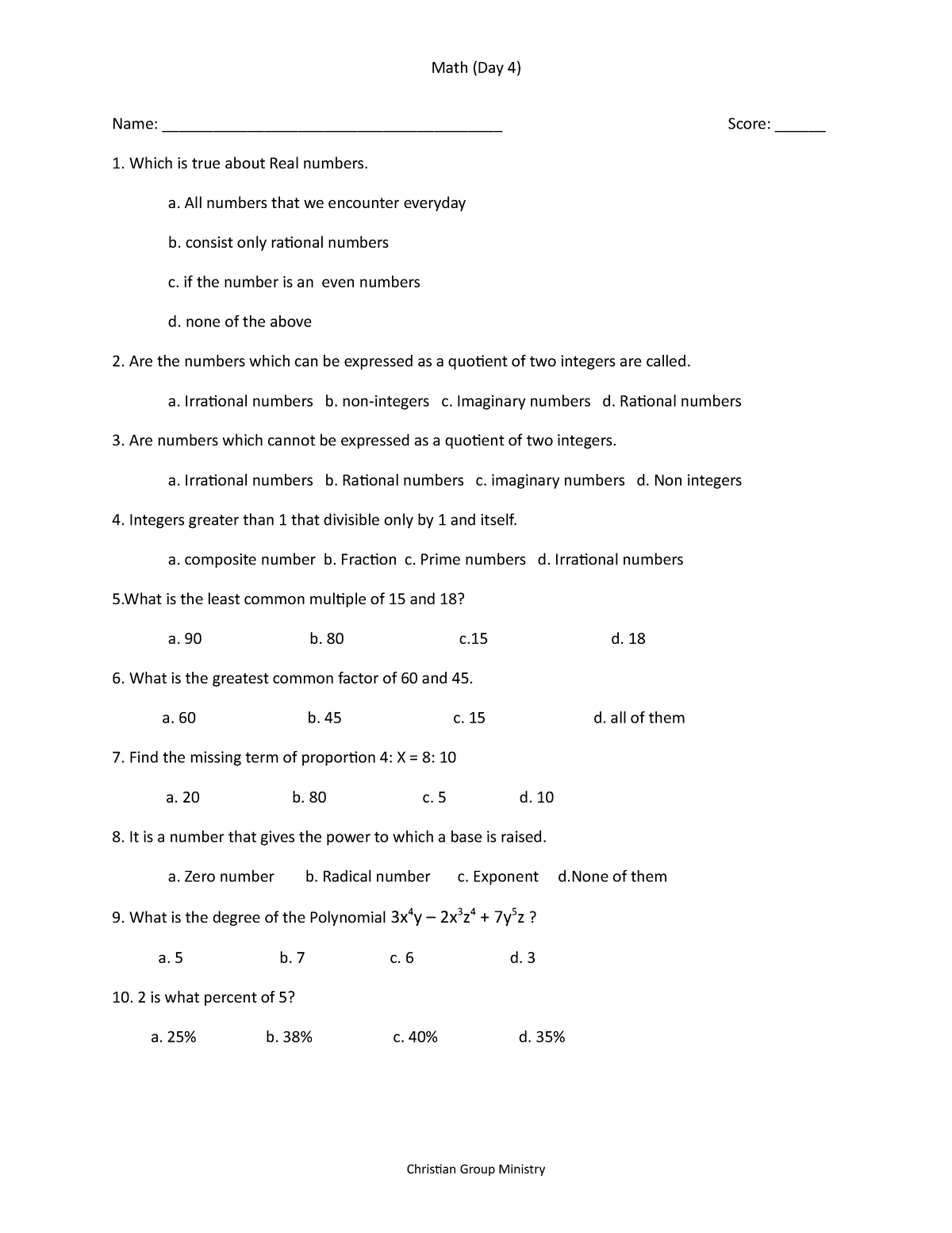 CET Review Mathematics Day 5 - Math (Day 4) Name