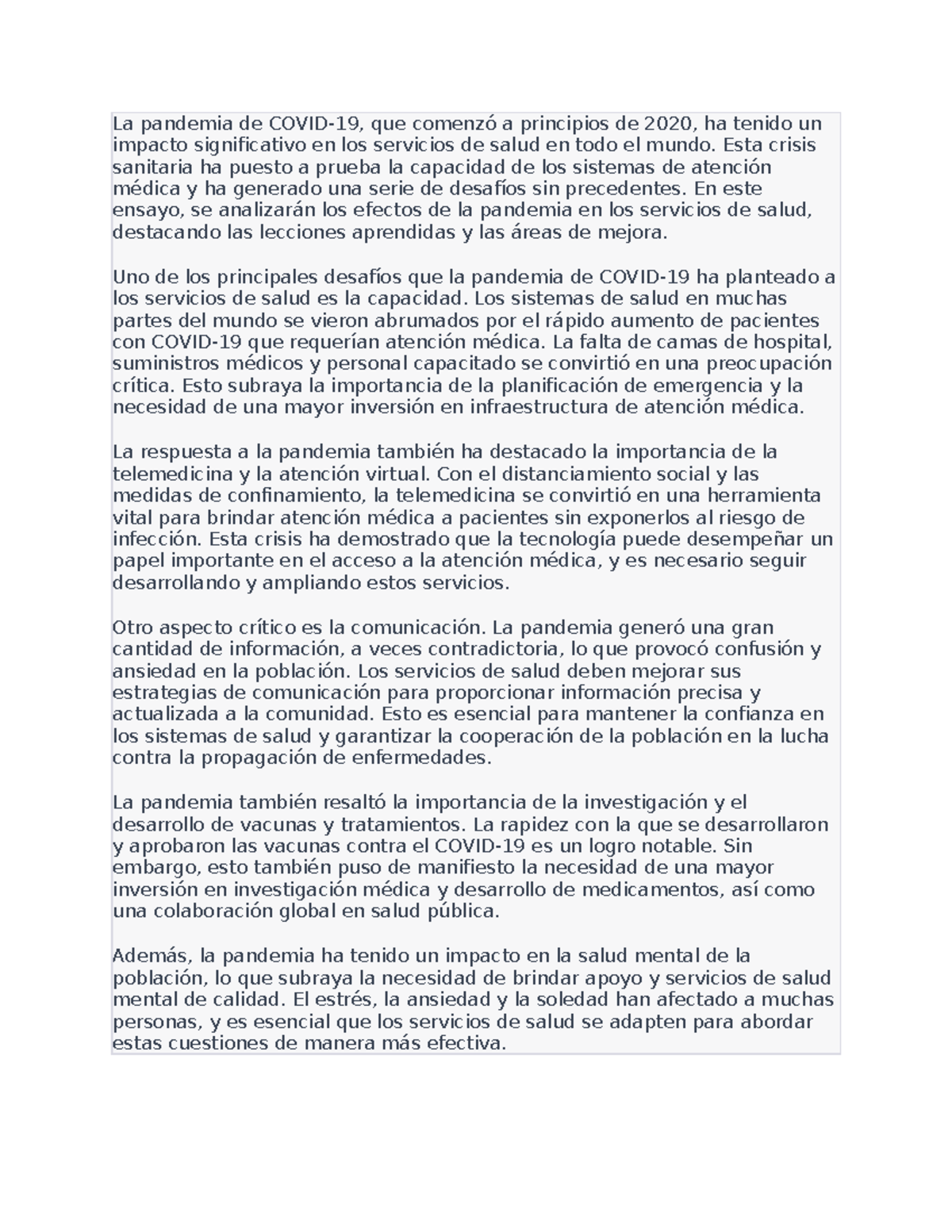 La pandemia de Covid - ensayo sobre servicios de salud - La pandemia de ...