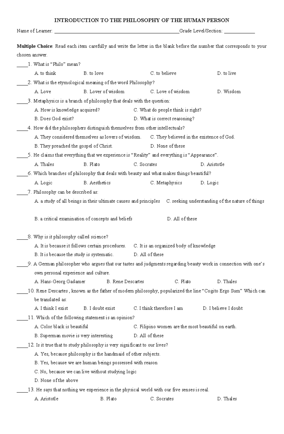 IPHP Q1-2023-2024 - Summary Introduction to the Philosophy of the Human ...