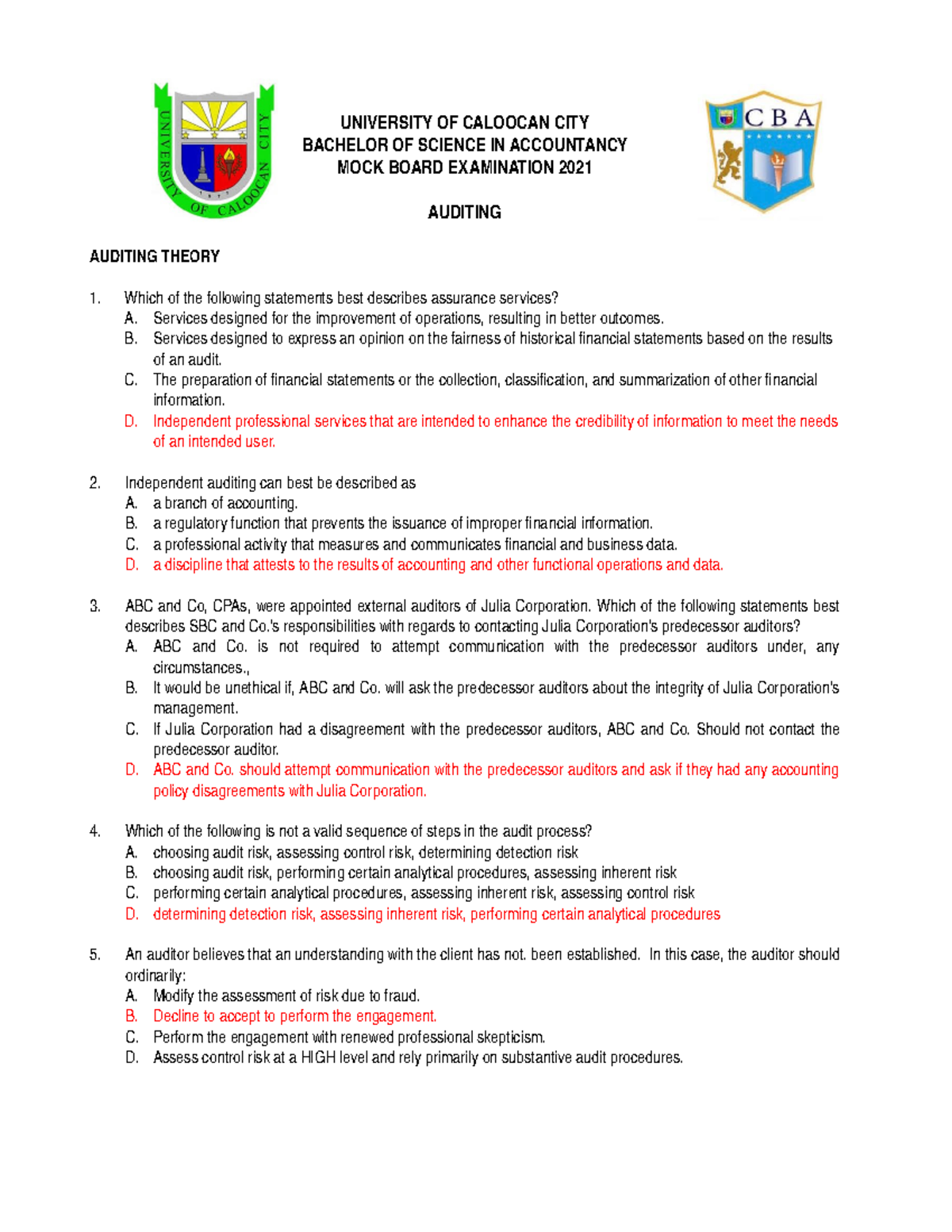 Ucc mock board exam 2021 aud 70 - UNIVERSITYOFCALOOCANCITY ...