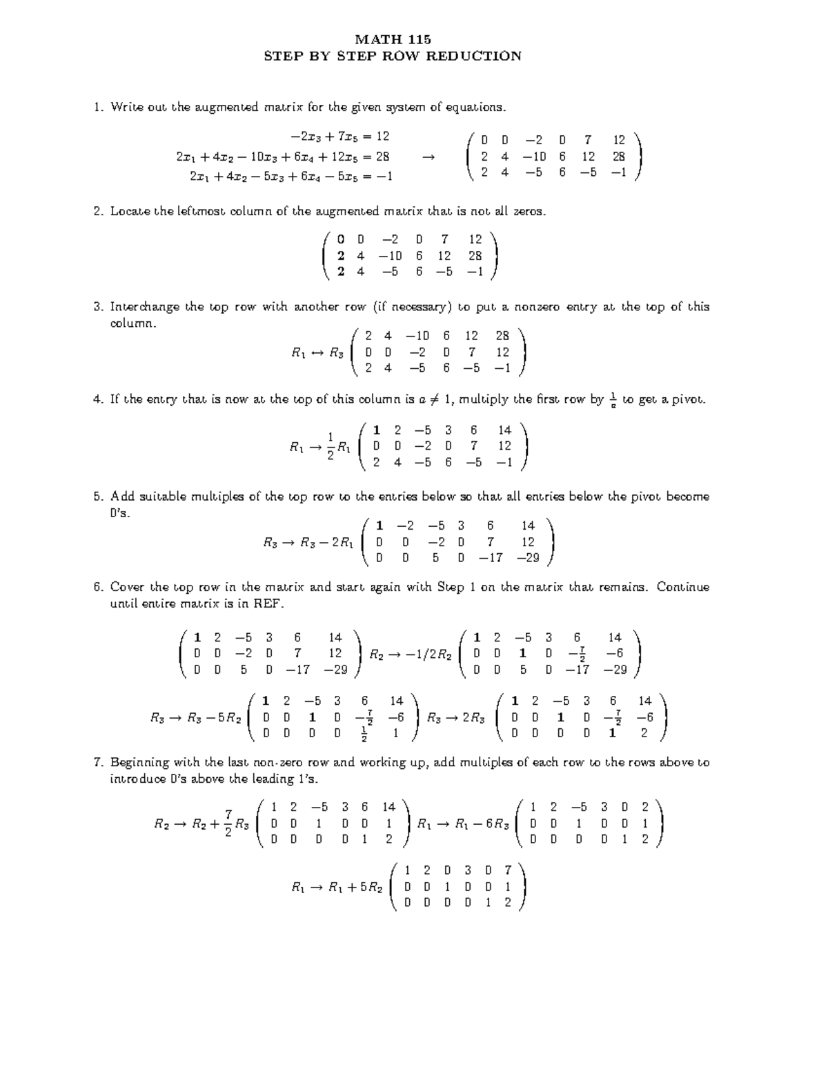 Rowreduce - Study reference - MATH 115 STEP BY STEP ROW REDUCTION 1 ...