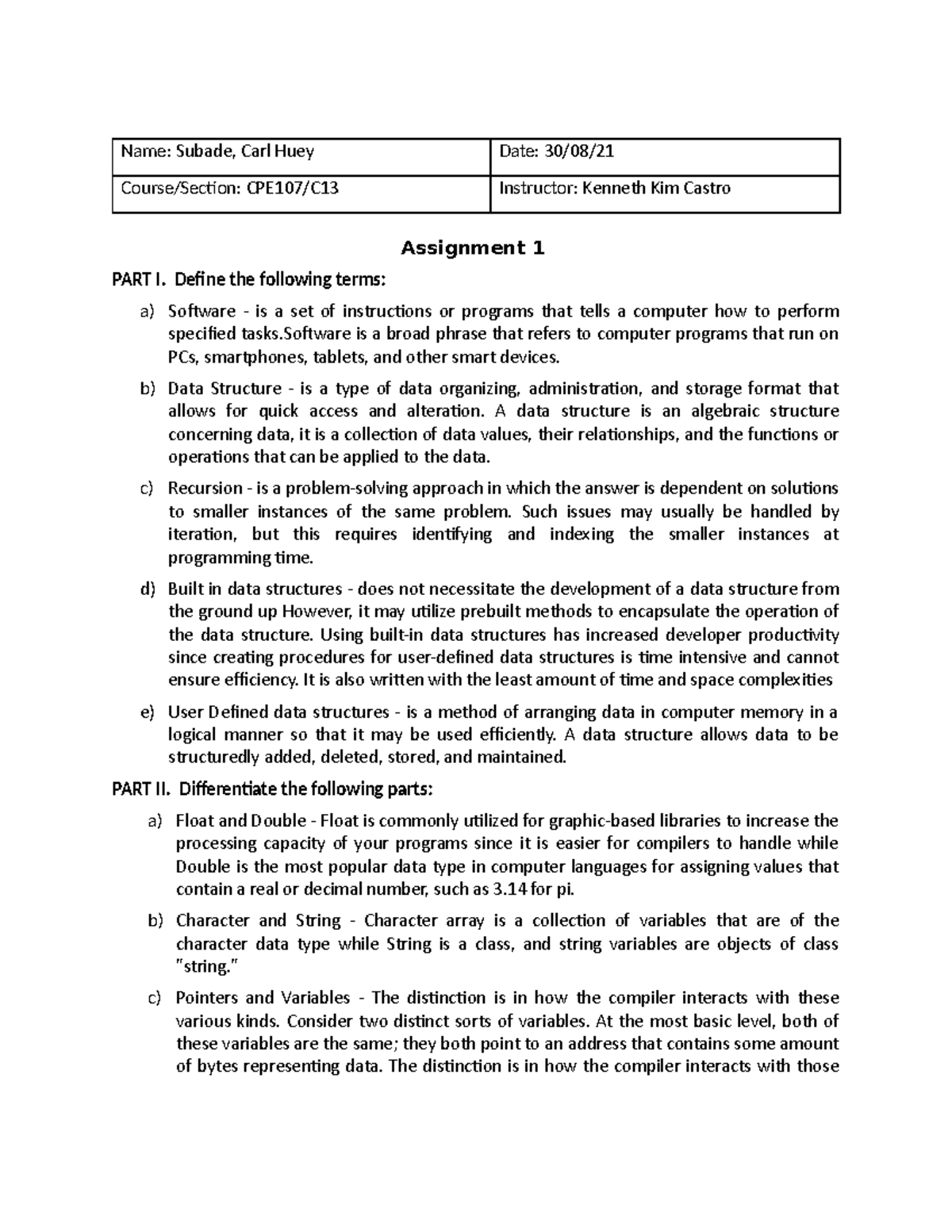 Subade, CARL HUEY T. CPE - Name: Subade, Carl Huey Date: 30/08/ Course ...