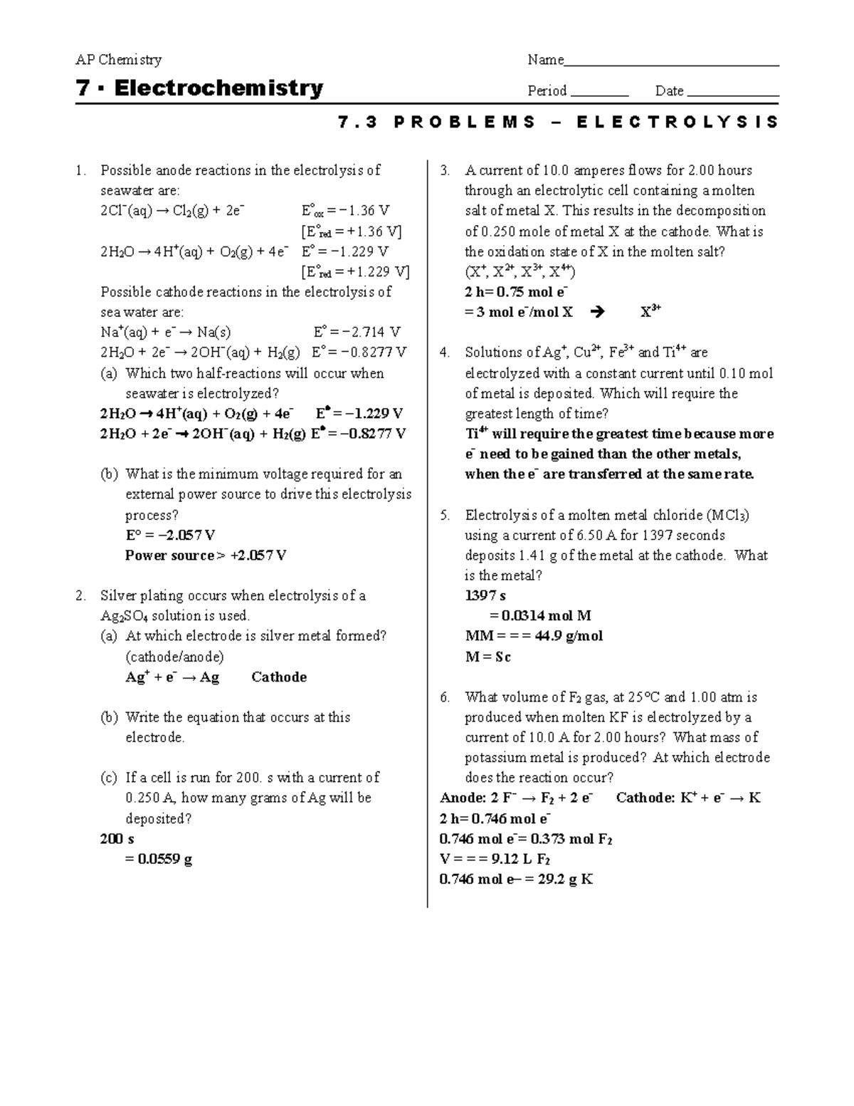 Apch7.3 problems ans nmb AP Chemistry Name 7 Electrochemistry