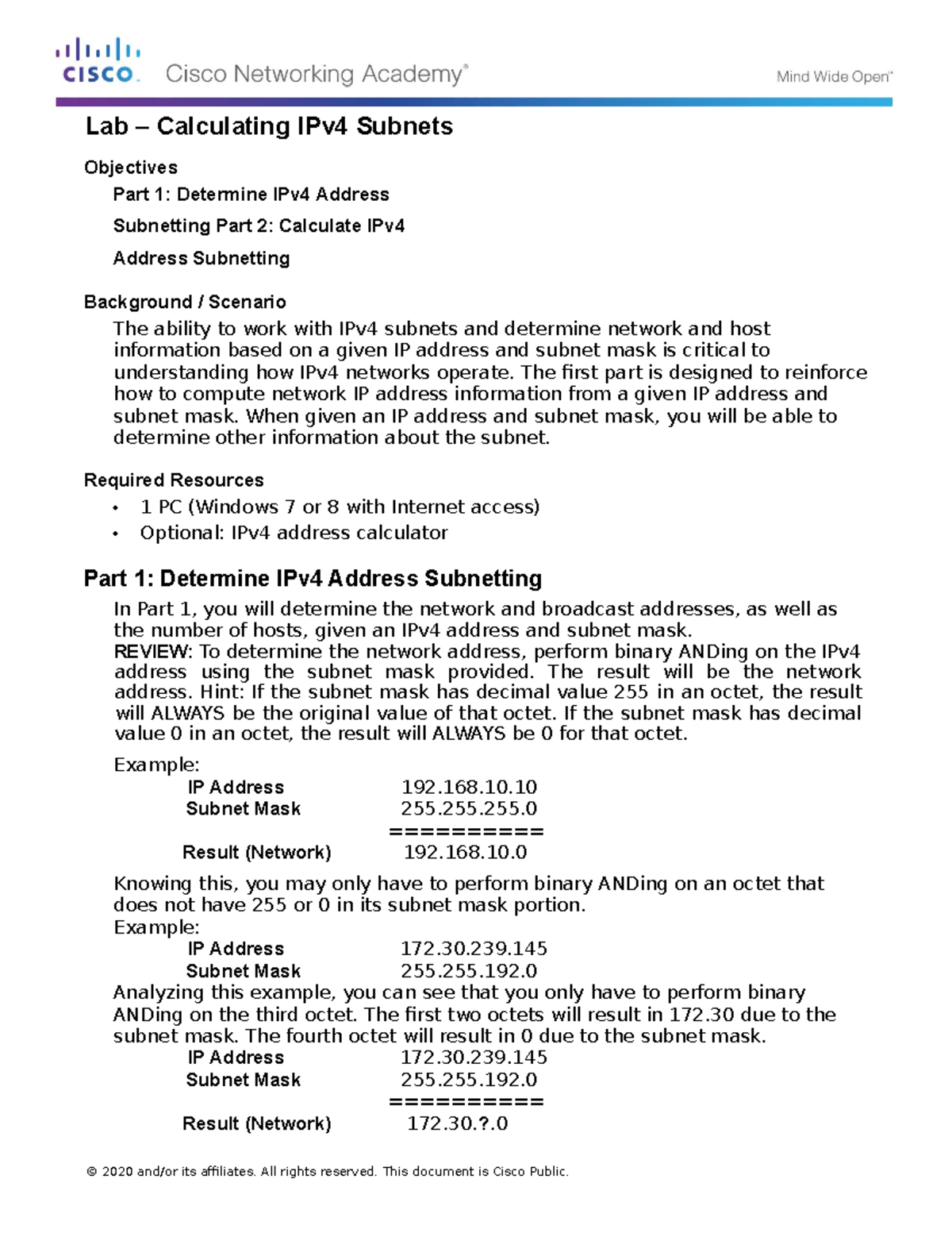 Lab 2.1 - Calculating IPv4 Subnets - Lab Calculating IPv4 Subnets ...