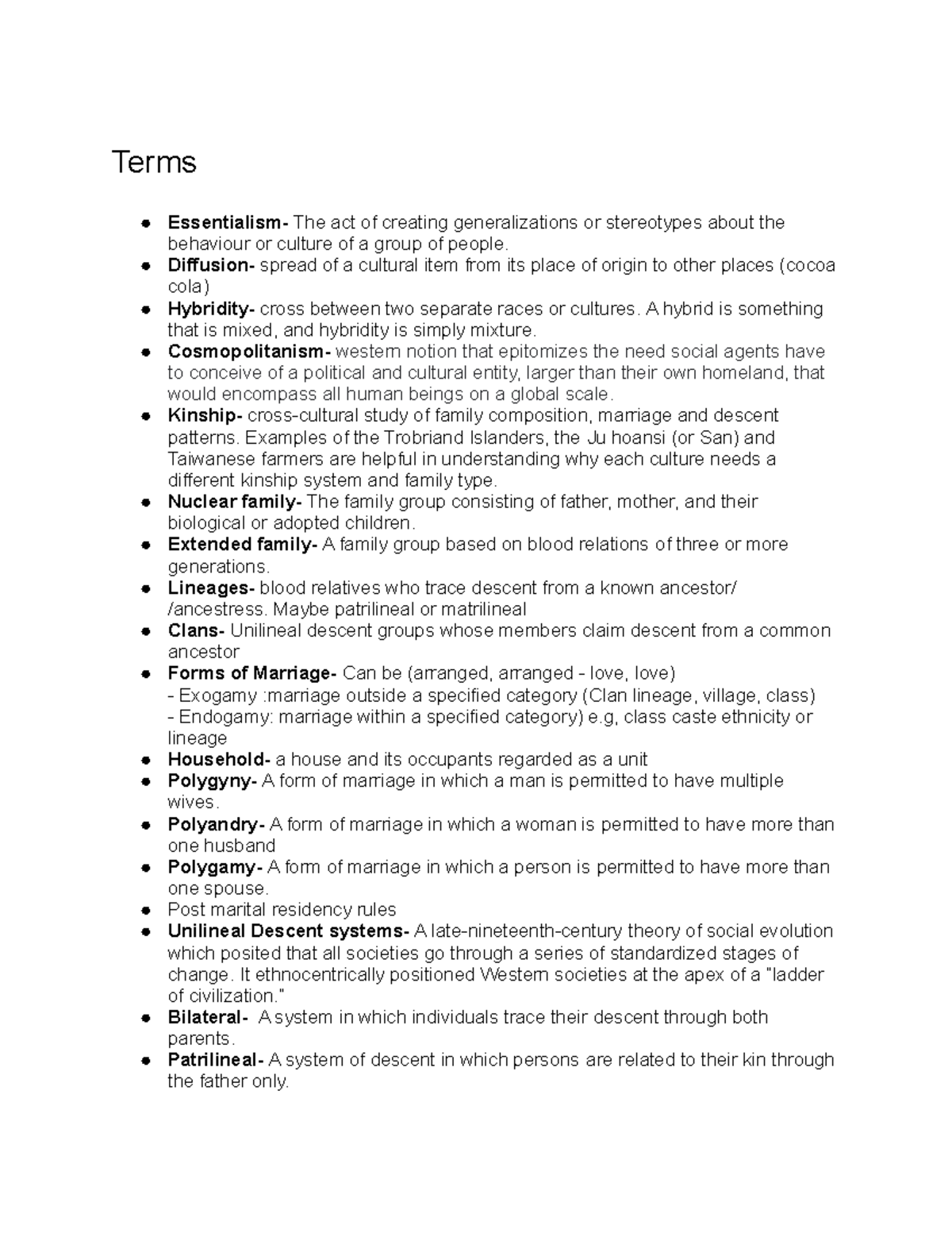 AN100 Final Review - Terms Essentialism- The act of creating ...