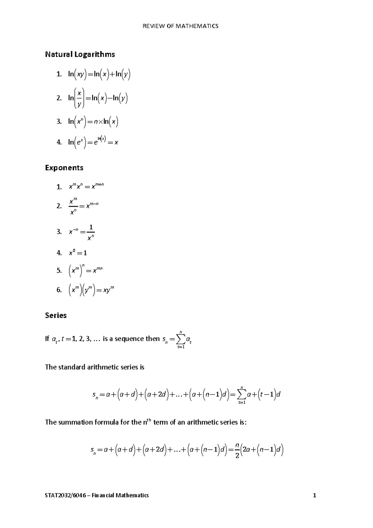 Review Of Mathematics - Natural Logarithms 1. Lnxy ( ) =lnx ( ) +lny 