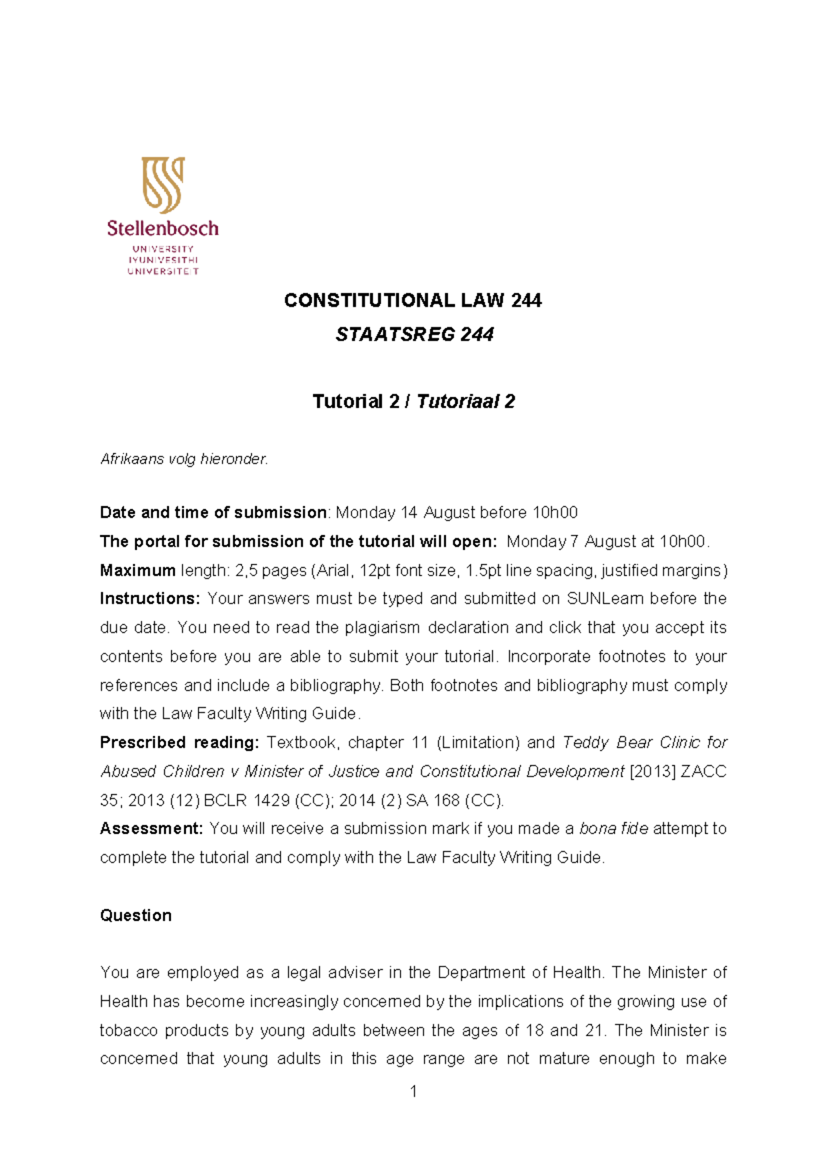 Tutorial 2 Question - CONSTITUTIONAL LAW 244 STAATSREG 244 Tutorial 2 ...