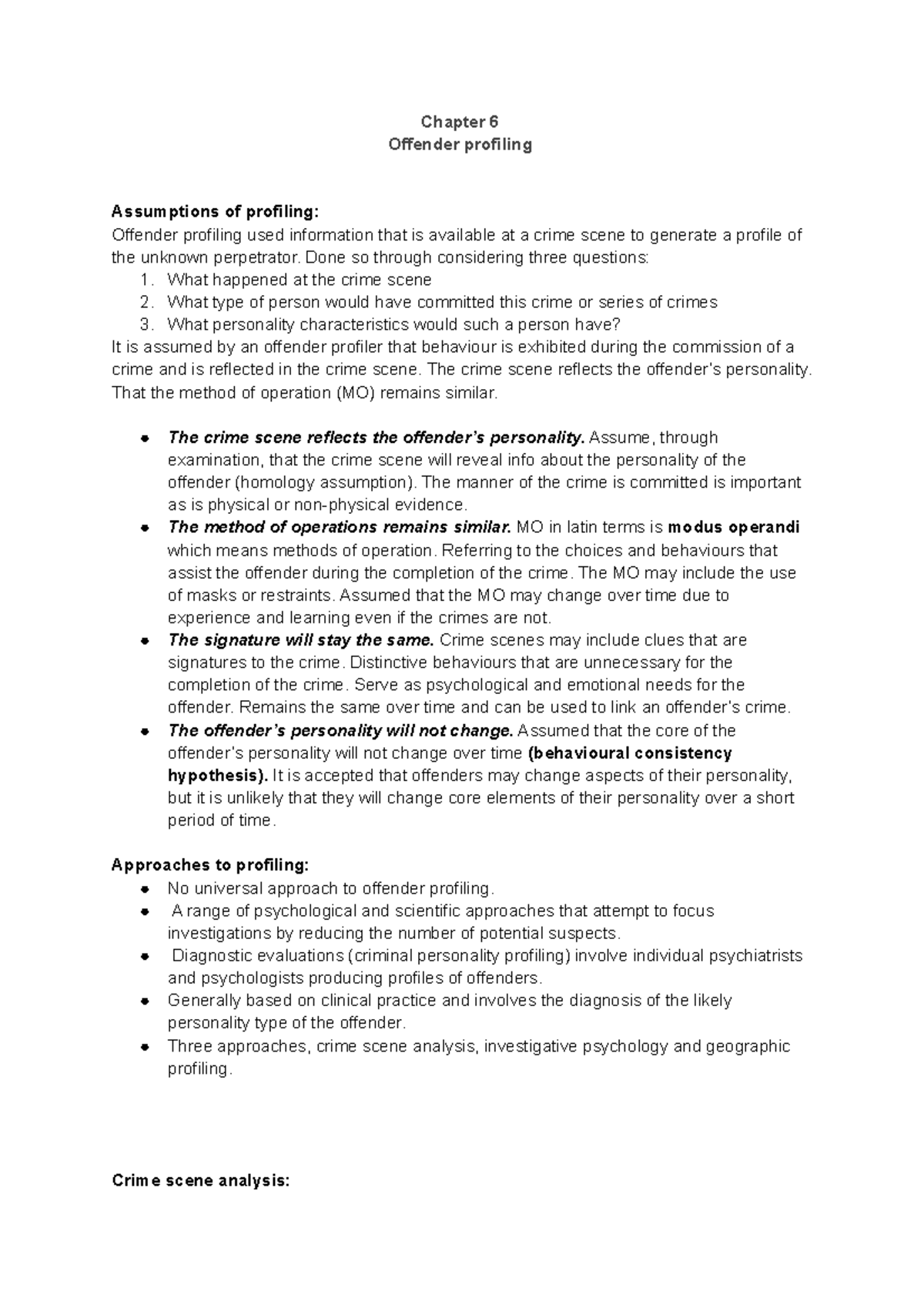 Chapter 6 summaries - offender profiling pt.2 - Chapter 6 Offender ...