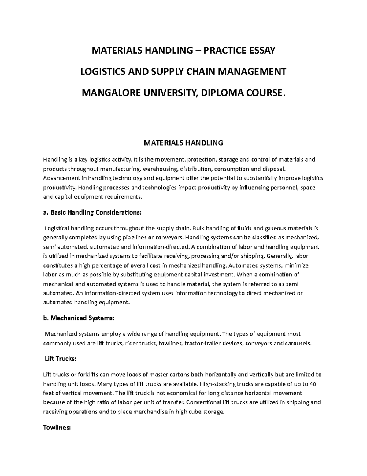 Materials Handling (scm) MATERIALS HANDLING PRACTICE ESSAY