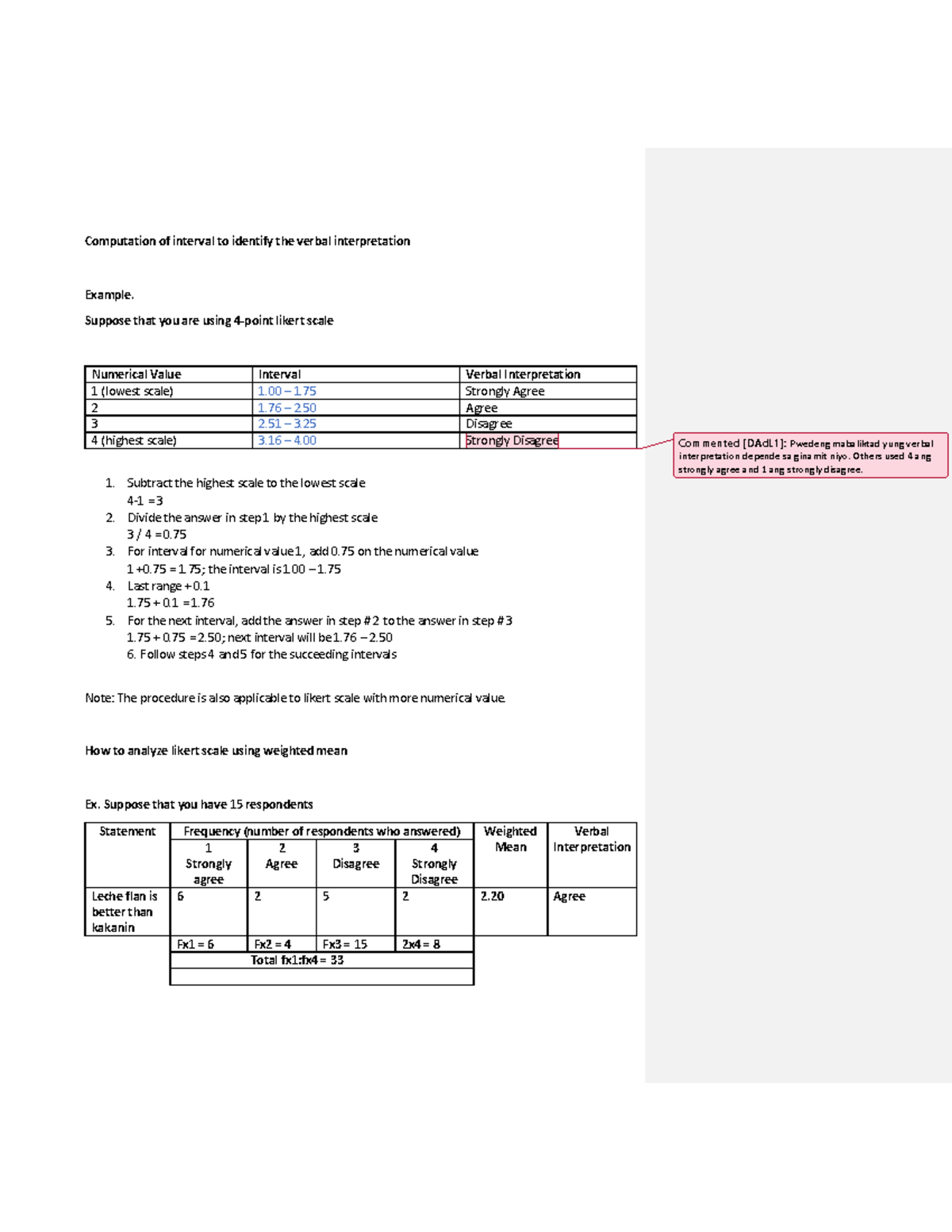Interpretation of Likert scale weighted mean Computation Of Interval 