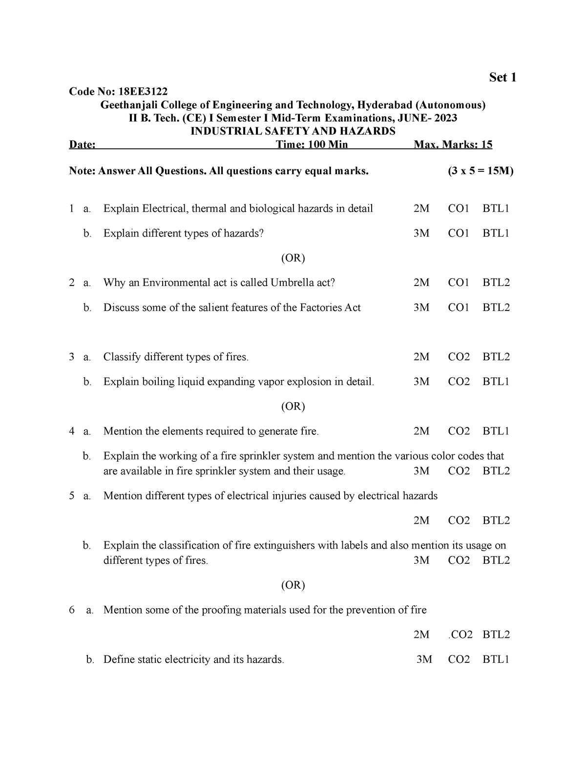 CE MID I Subjective JUNE 23 Set 1 Code No 18EE Geethanjali College