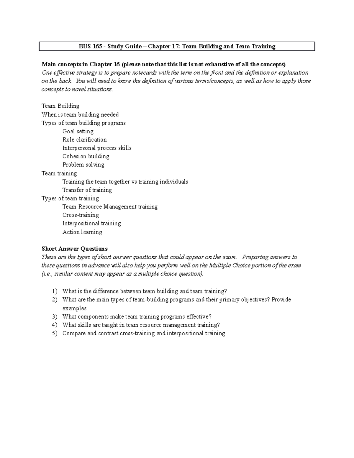 BUS 165 - Study Guide - Chapter 17 - BUS 165 - Study Guide – Chapter 17 ...