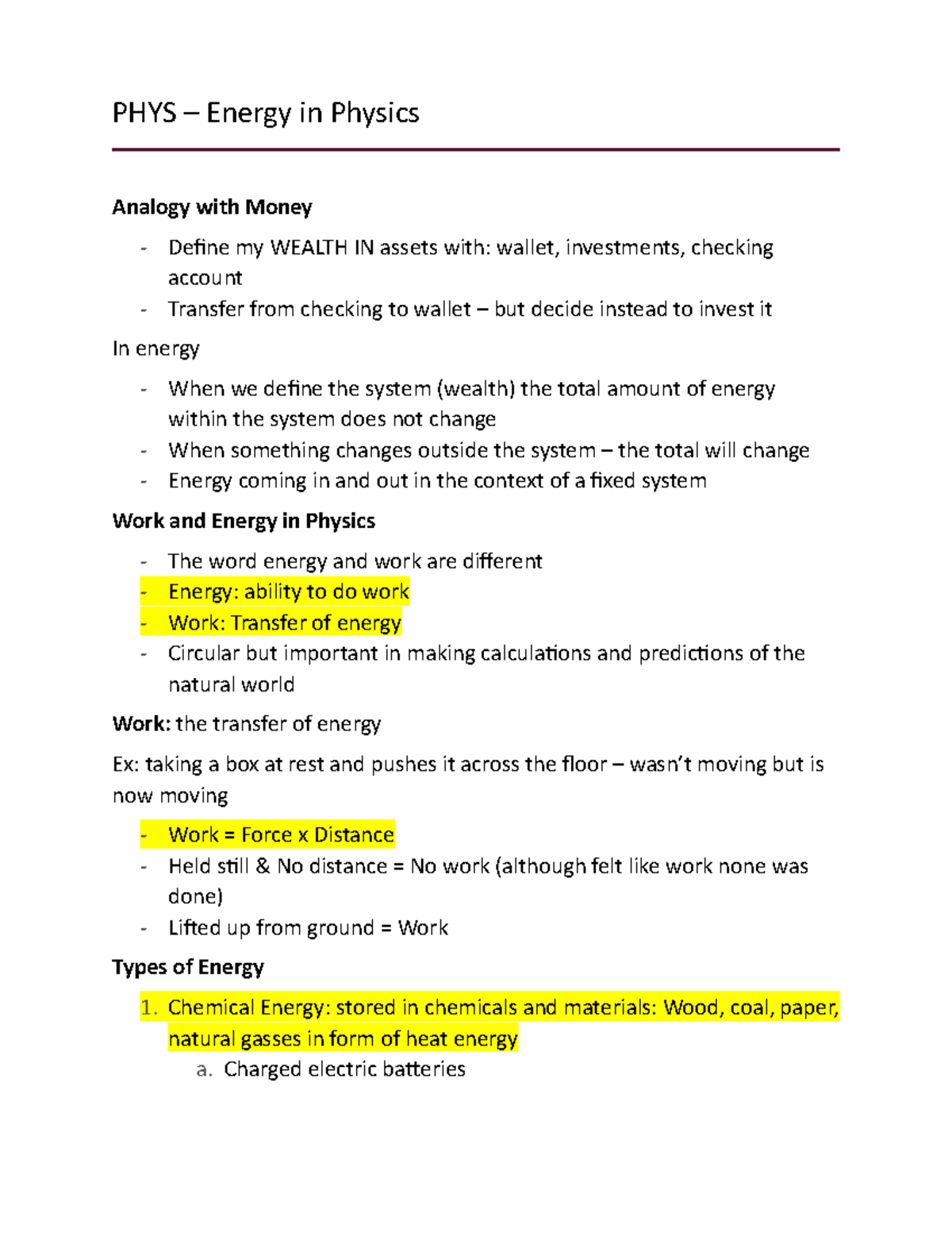 Lecture Notes Lesson 1-6 - PHYS – Energy In Physics Analogy With Money ...