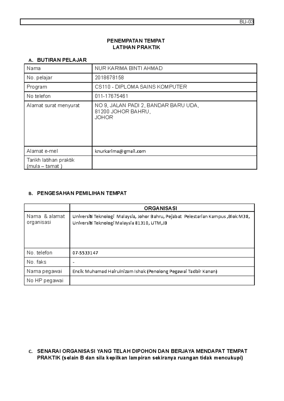 BLI-03 - BLI- PENEMPATAN TEMPAT LATIHAN PRAKTIK A. BUTIRAN PELAJAR Nama ...