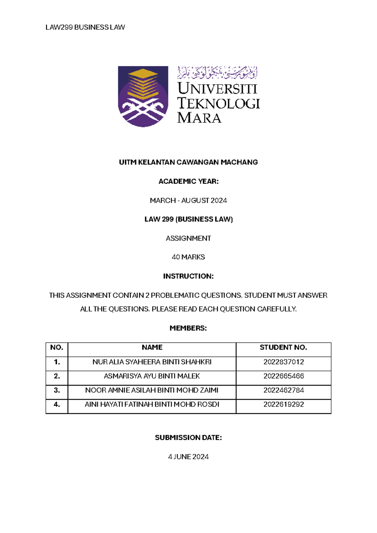 LAW299 - UITM KELANTAN CAWANGAN MACHANG ACADEMIC YEAR: MARCH - AUGUST ...