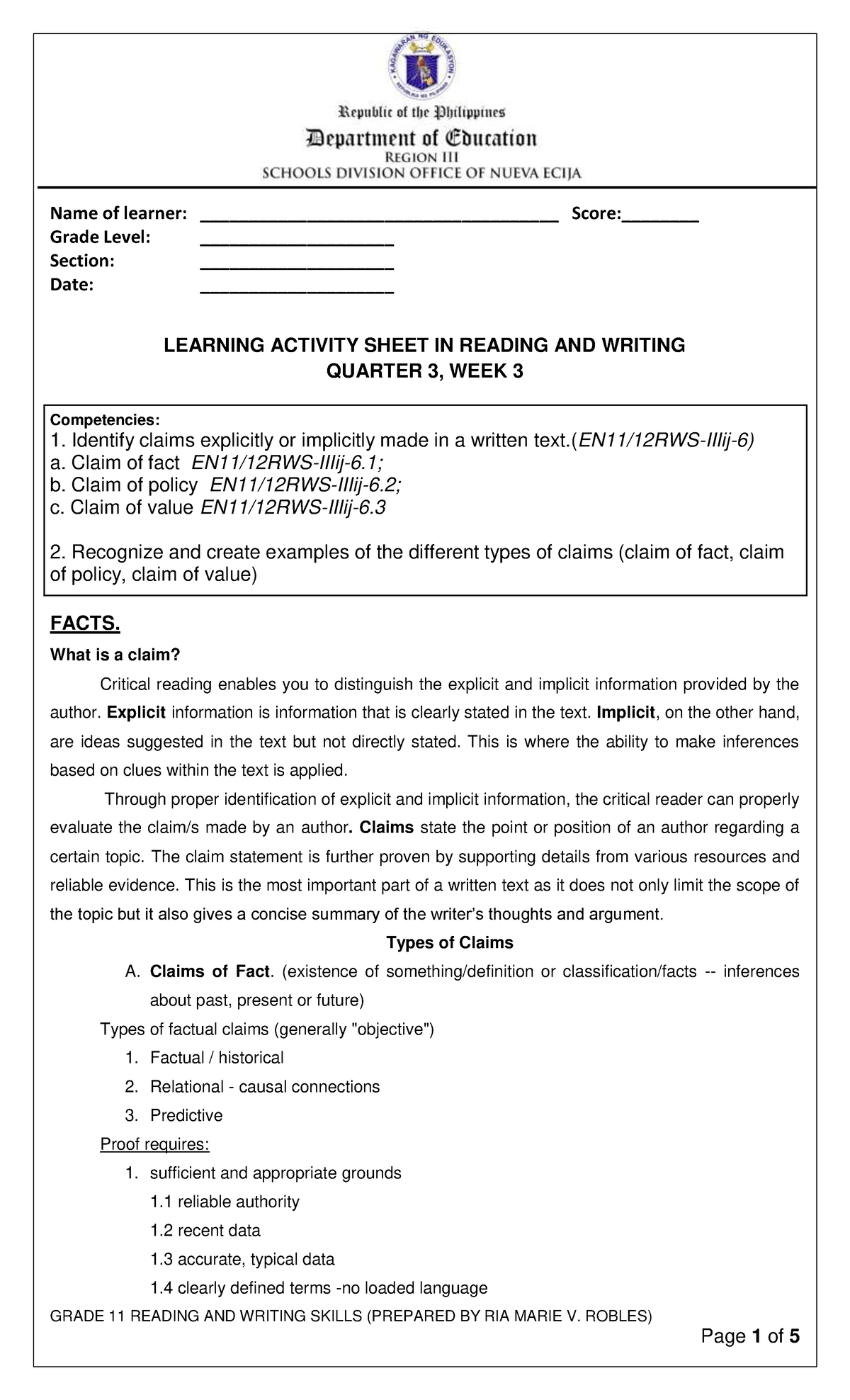LAS RWS Q3 W3 Robles Learning Activity Sheet GRADE 11 READING AND