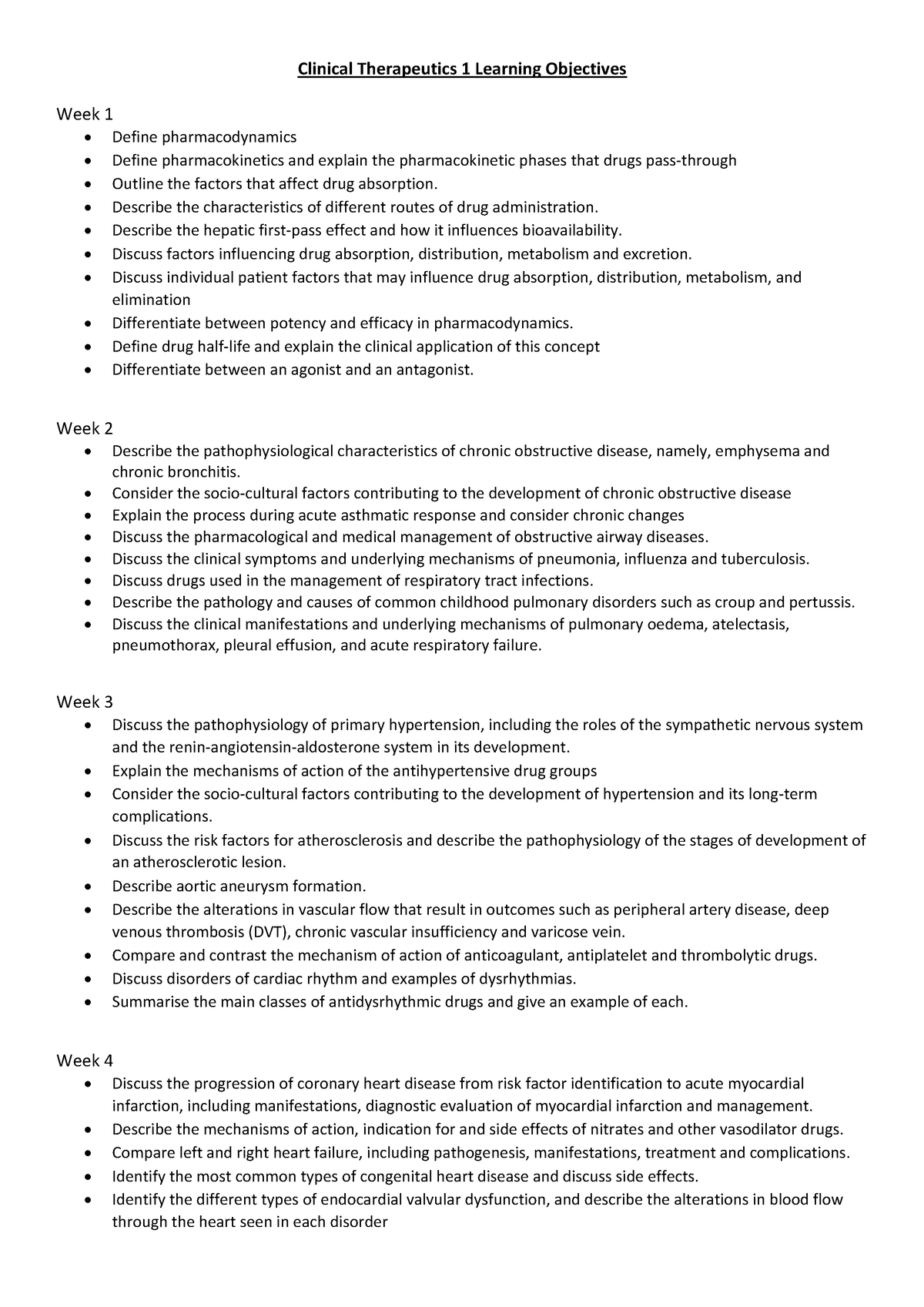 Clinical Therapeutics 1 Learning Objectives - Clinical Therapeutics 1 ...