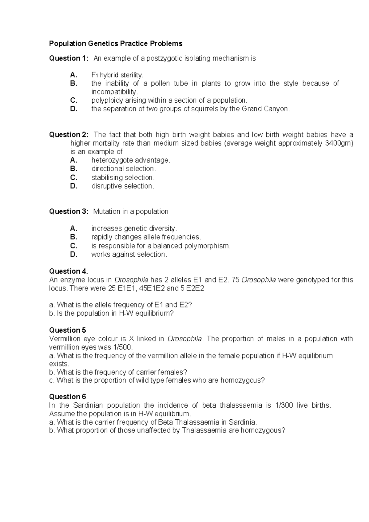 BIOL10005 Population Genetics Q - Population Genetics Practice Problems ...