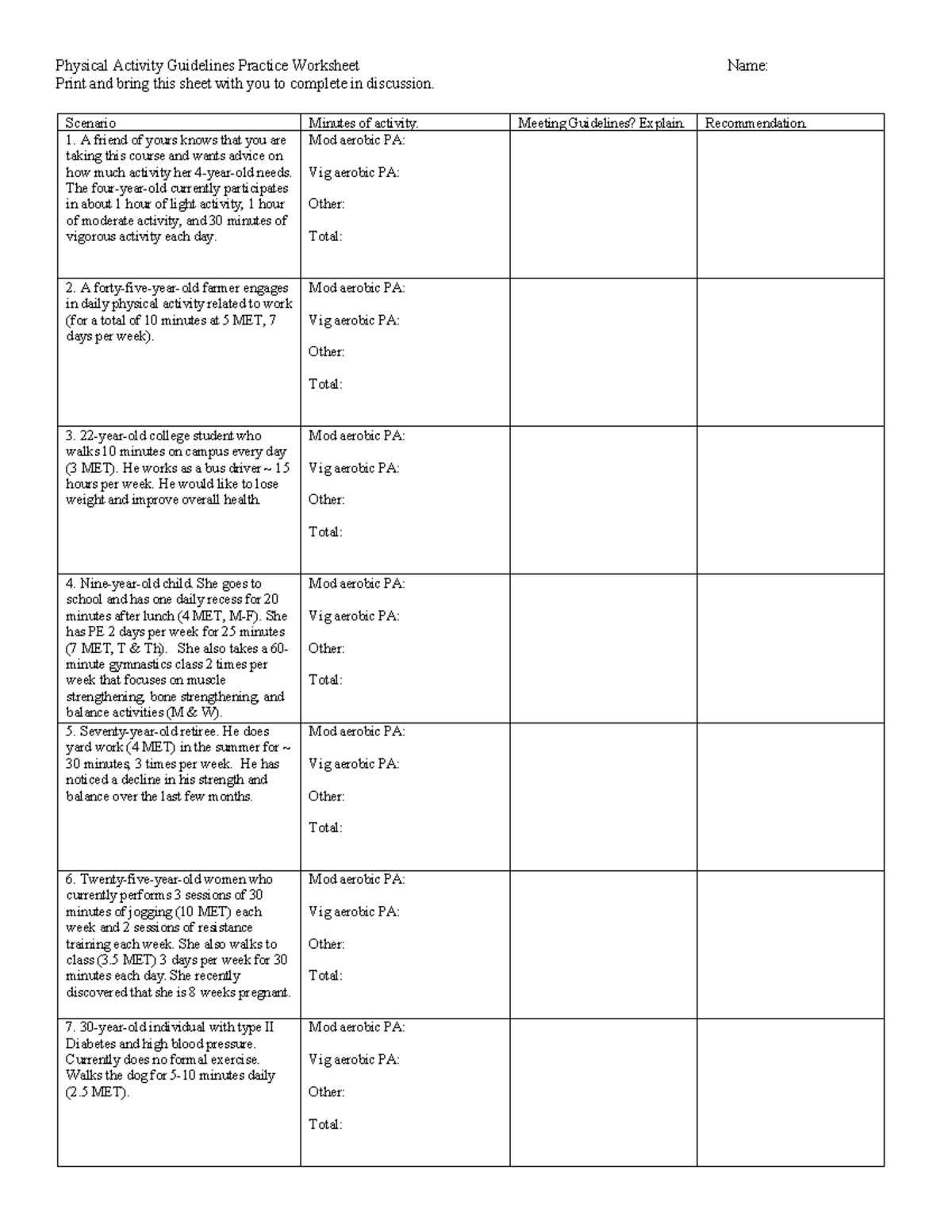 Discussion 4 PA Guidelines Worksheet - Physical Activity Guidelines ...