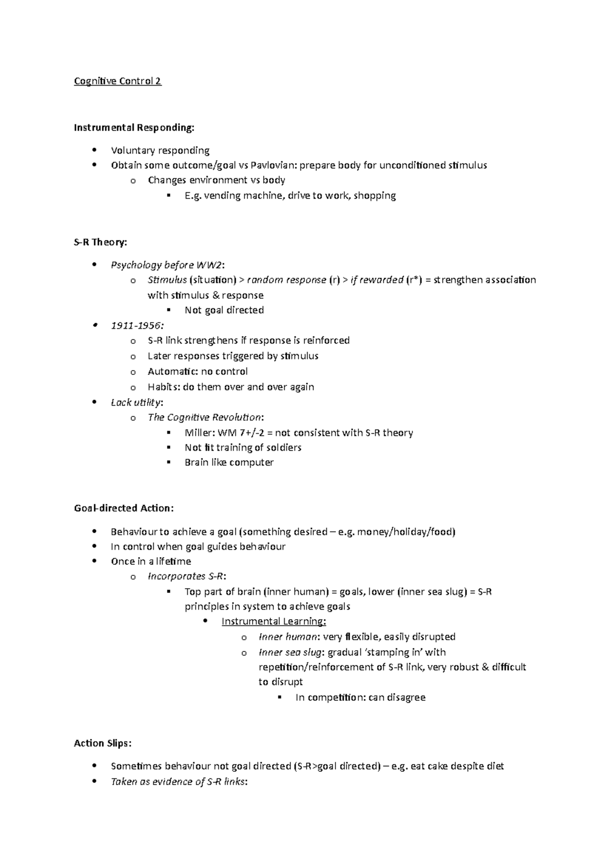 Cognitive Control (ii) - Cognitive Control 2 Instrumental Responding ...